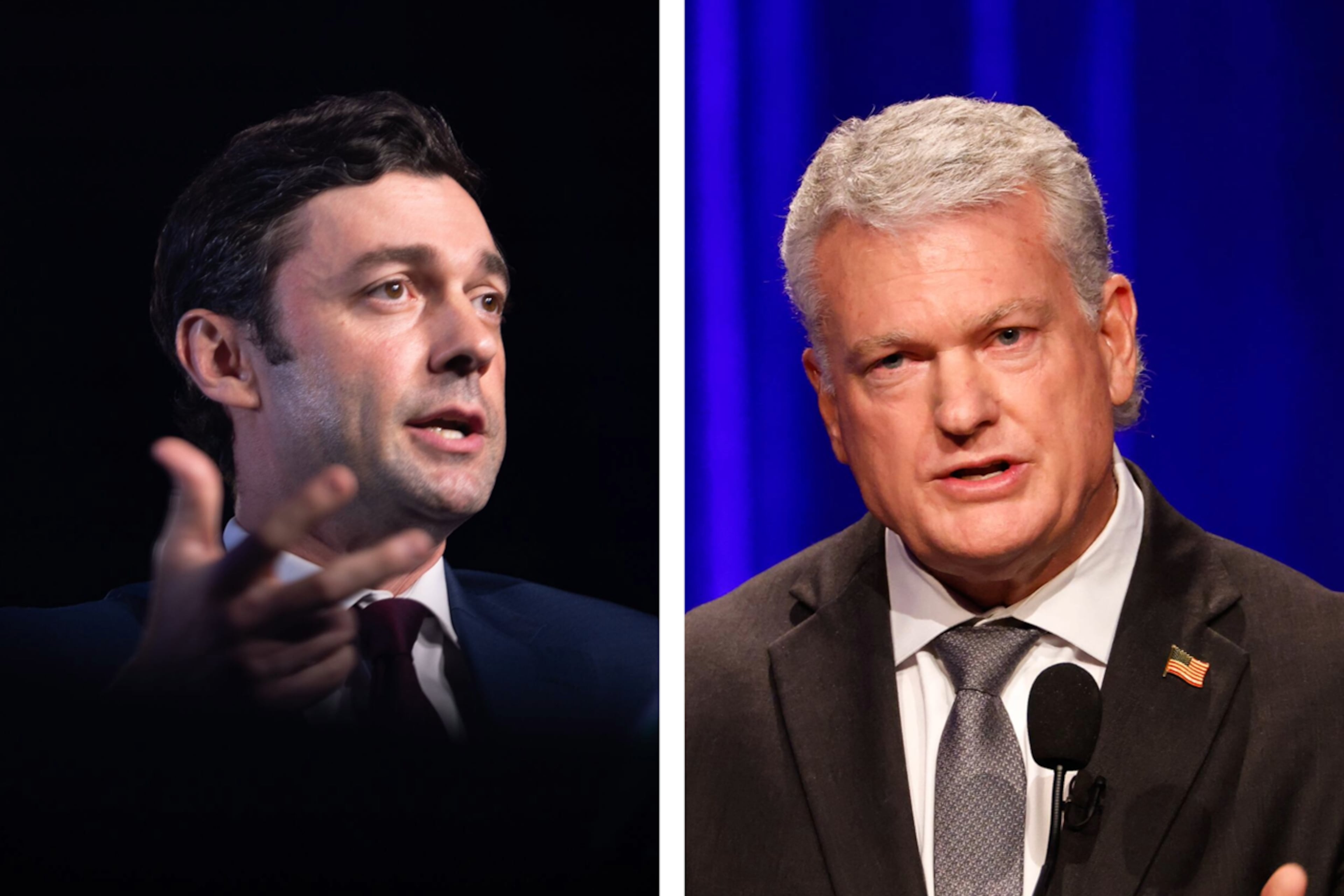 Democratic U.S. Sen. Jon Ossoff (left) and Republican U.S. Senate nominee Mike Collins. (Arvin Temkar/AJC)