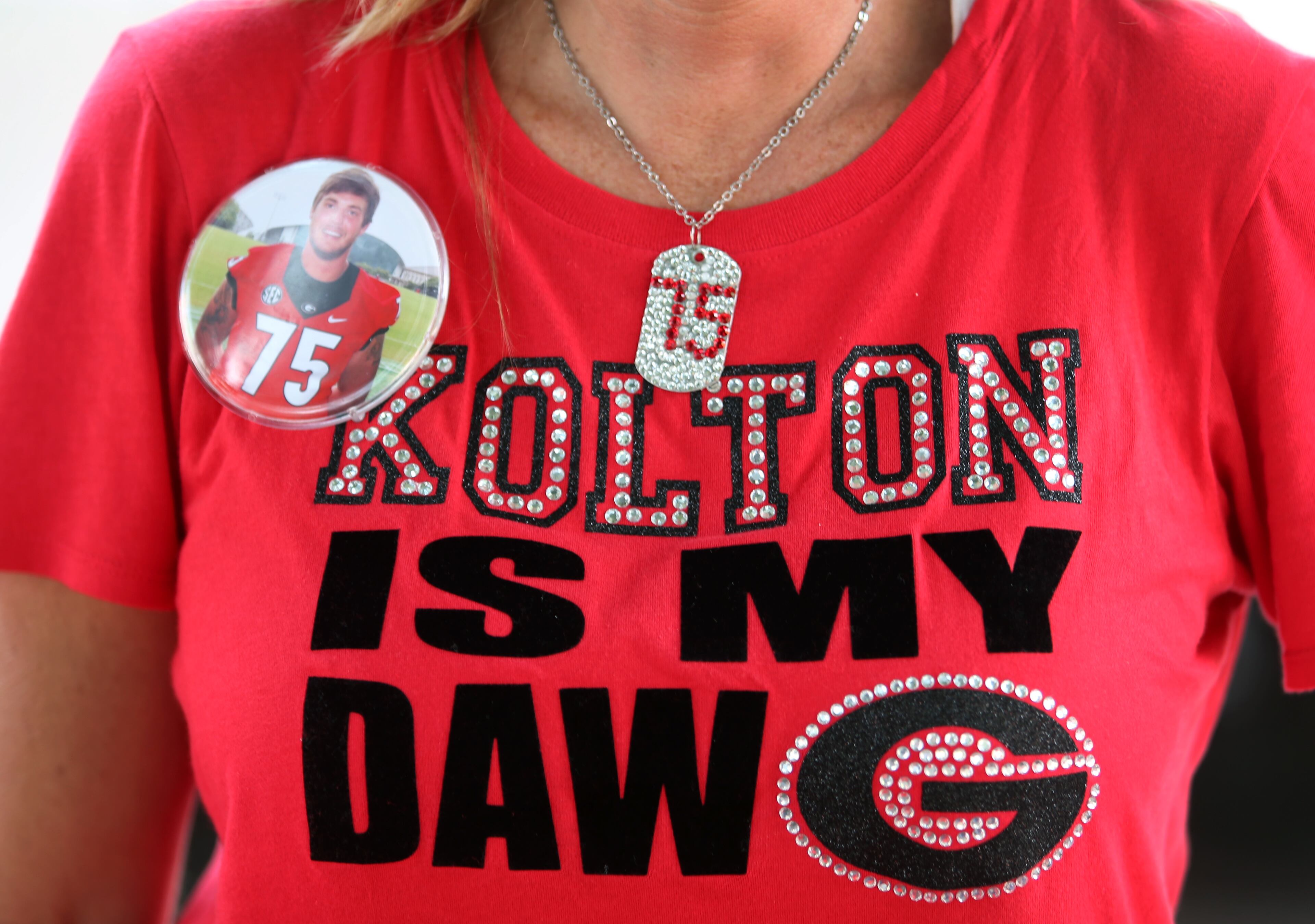 Tiffany Houston, of Buford, supports her son, Kolton Houston, who will play offensive line for Georgia this season. JASON GETZ / JGETZ@AJC.COM