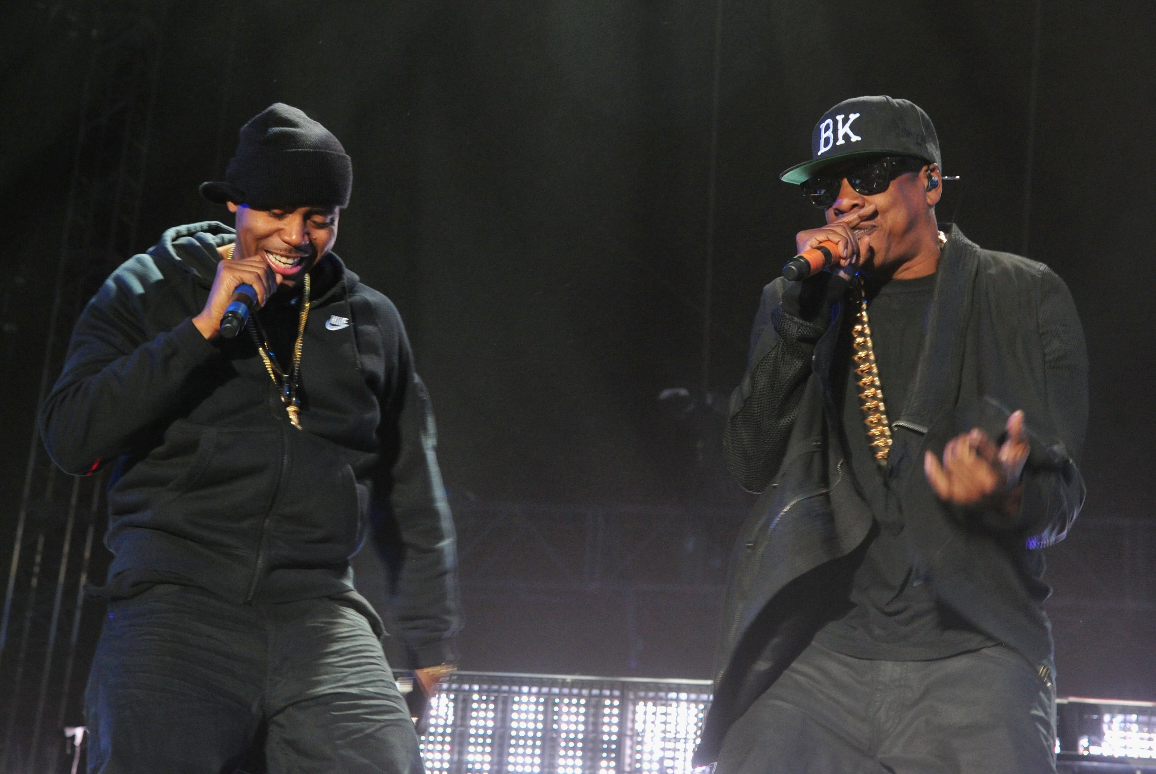 INDIO, CA - APRIL 12: Rappers Nas (L) and Jay-Z perform onstage during day 2 of the 2014 Coachella Valley Music & Arts Festival at the Empire Polo Club on April 12, 2014 in Indio, California. (Photo by Frazer Harrison/Getty Images for Coachella)