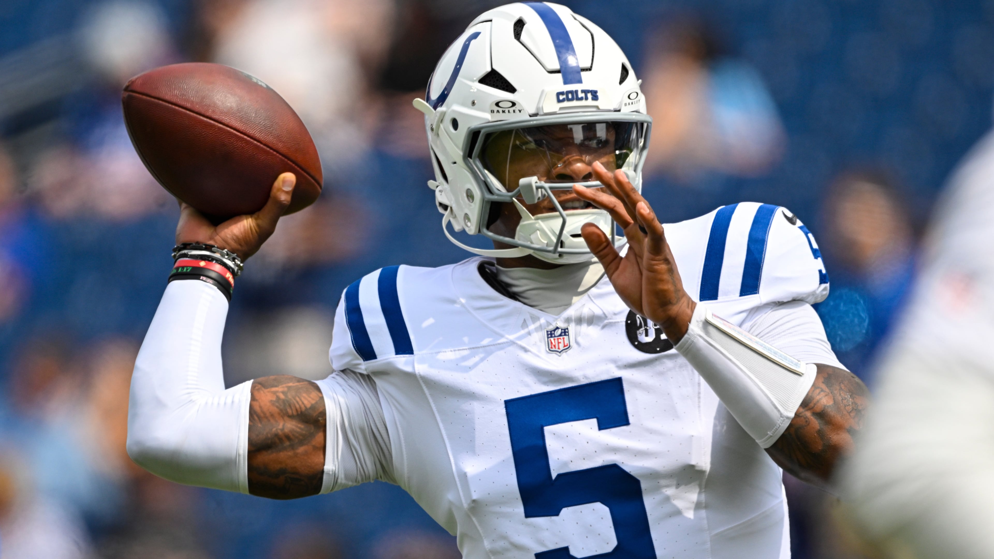 FILE - Indianapolis Colts quarterback Anthony Richardson (5) throws before the start of an NFL football game against the Tennessee Titans on Sept. 21, 2025, in Nashville, Tenn. (AP Photo/John Amis, File)