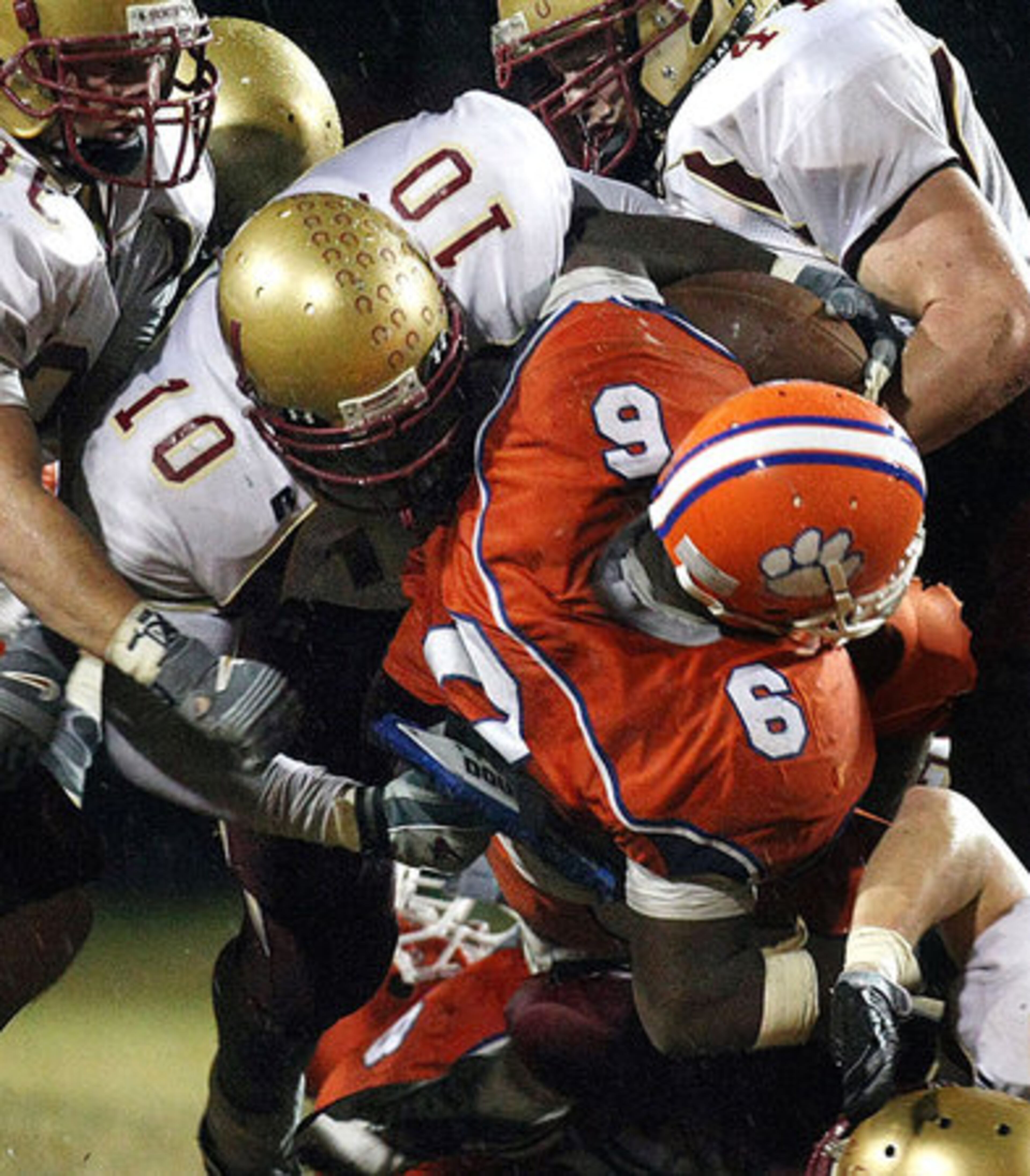 Parkview running back #6 Brandon Jacobs is tackled at the line of scrimmage by Brookwood linebacker #10 David Cooper.