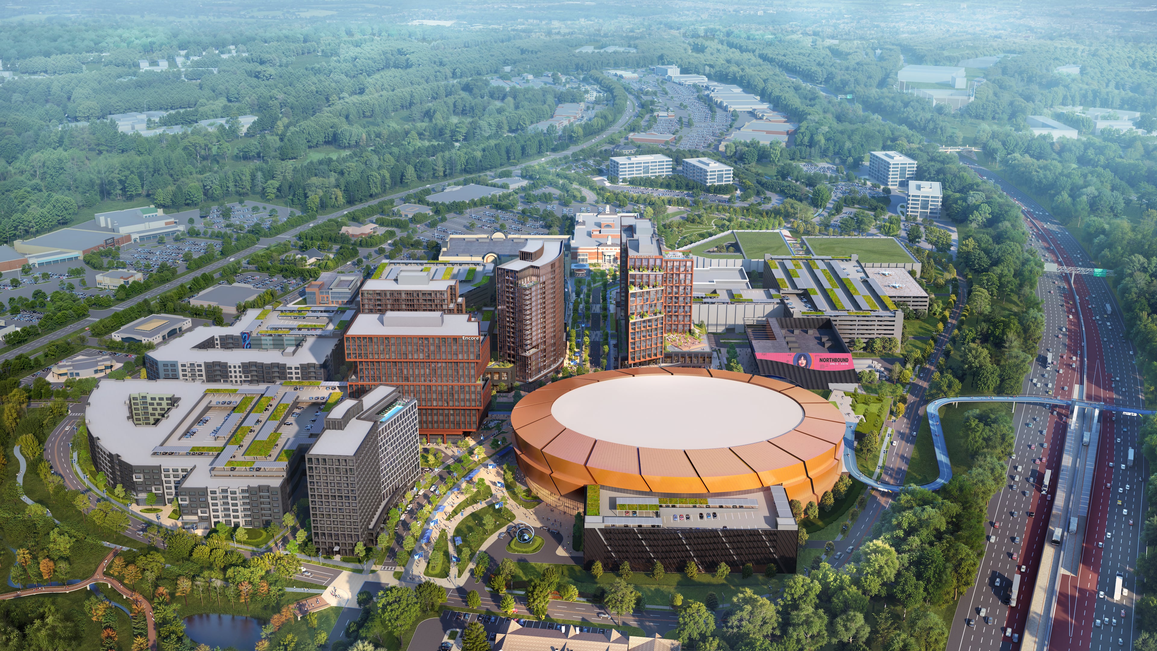 This is a rendering of a planned redevelopment of North Point Mall in Alpharetta by Jamestown Properties and New York Life. It is centered around a 20,000-seat arena large enough to support a NHL franchise if one was announced for the Atlanta area. (Courtesy of Jamestown Properties)