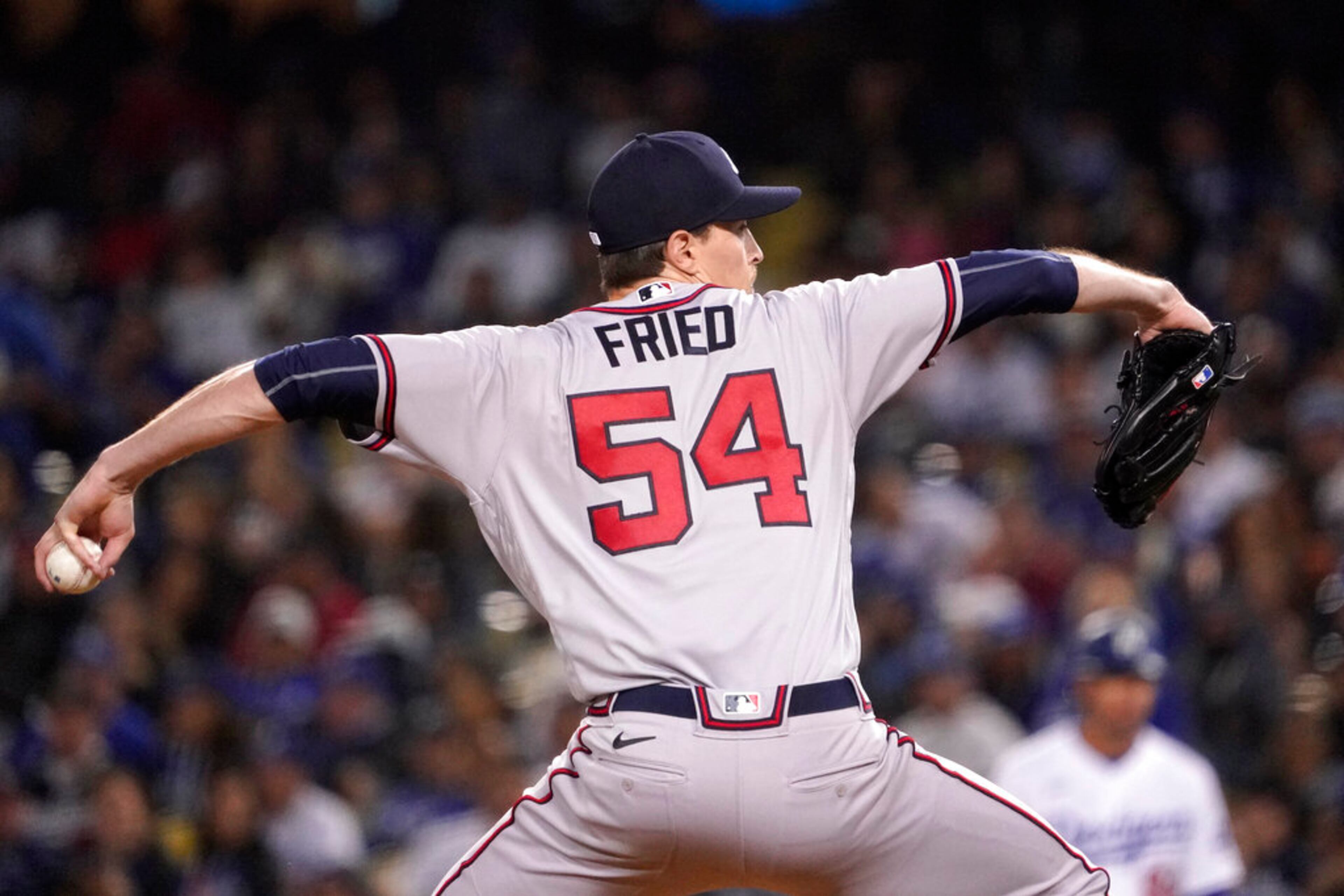 Atlanta Braves starting pitcher Max Fried throws to the plate during the sixth inning of a baseball game against the Los Angeles Dodgers Tuesday, April 19, 2022, in Los Angeles. (AP Photo/Mark J. Terrill)