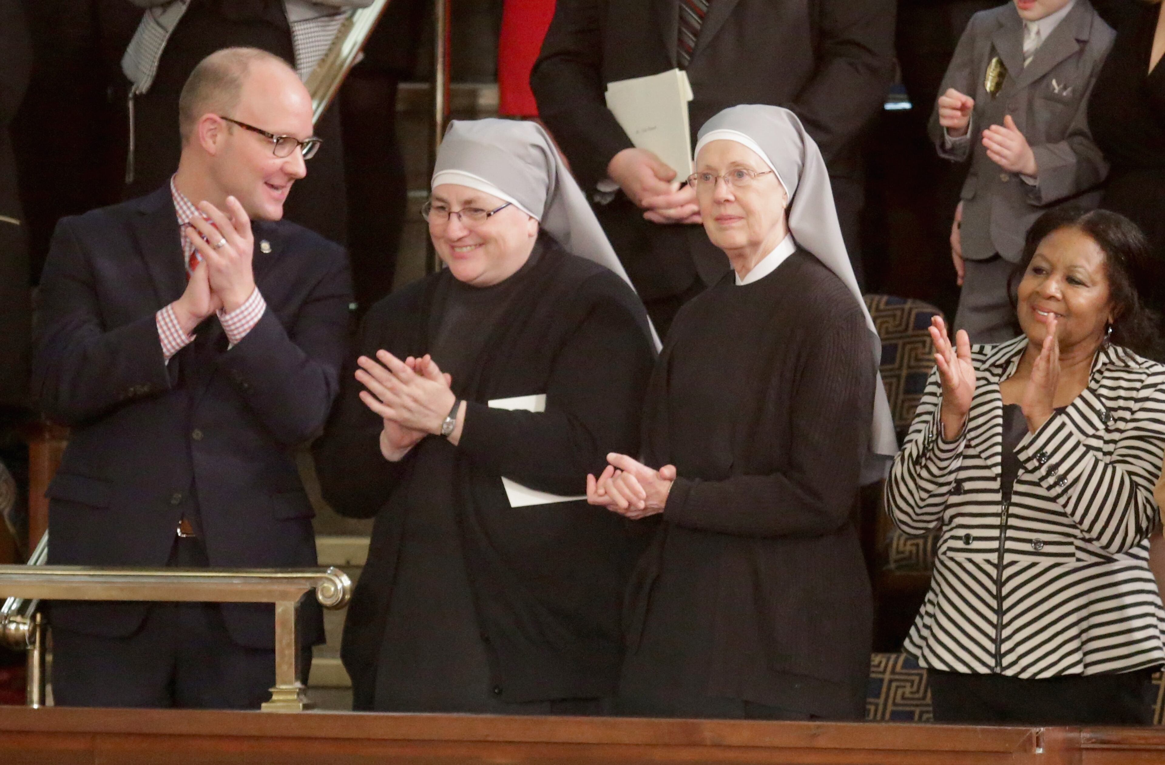 Little Sisters of the Poor (C) arrive before President Barack Obama delivers the State of the Union speech before members of Congress in the House chamber of the U.S. Capitol January 12, 2016 in Washington, DC. (Photo by Chip Somodevilla/Getty Images)