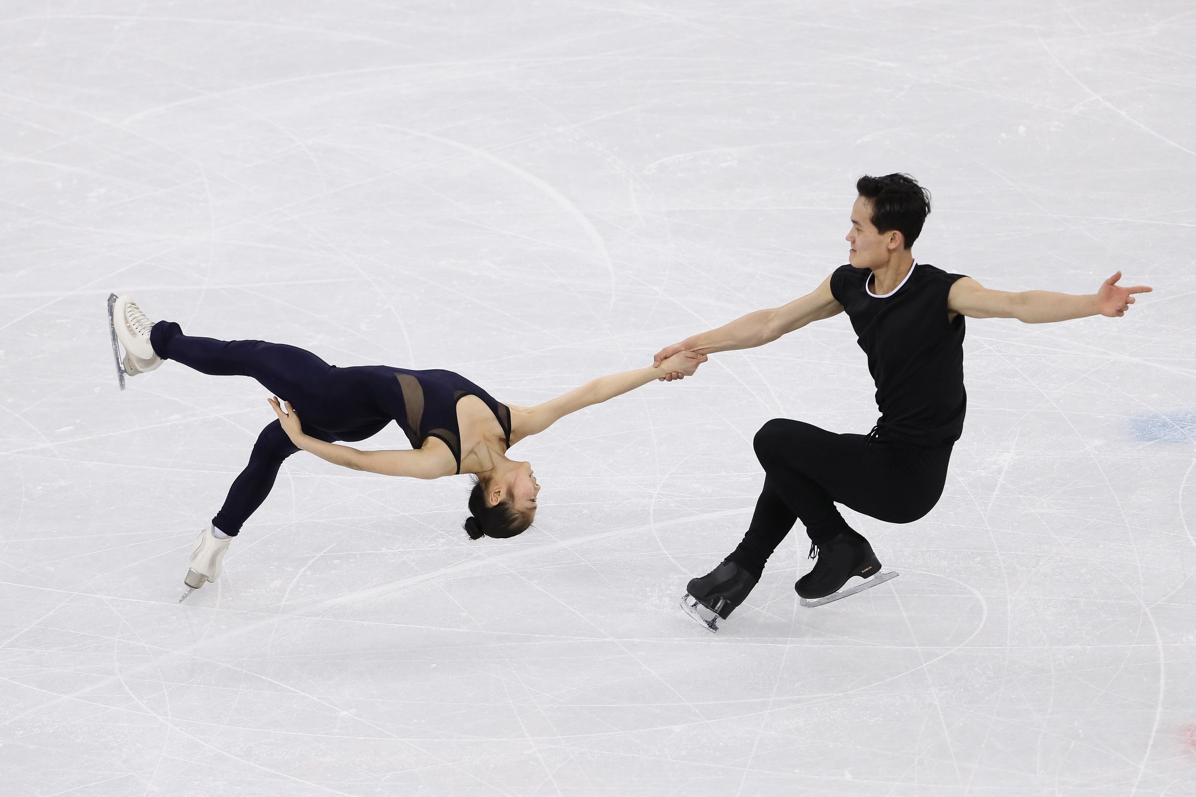 PYEONGCHANG-GUN, SOUTH KOREA - FEBRUARY 08: Ice dancers Tae Ok Ryom and Ju Sik Kim of North Korea train during a practice session ahead of the PyeongChang 2018 Winter Olympic Games at Gangneung Ice Arena on February 8, 2018 in Pyeongchang-gun, South Korea. (Photo by Jamie Squire/Getty Images)