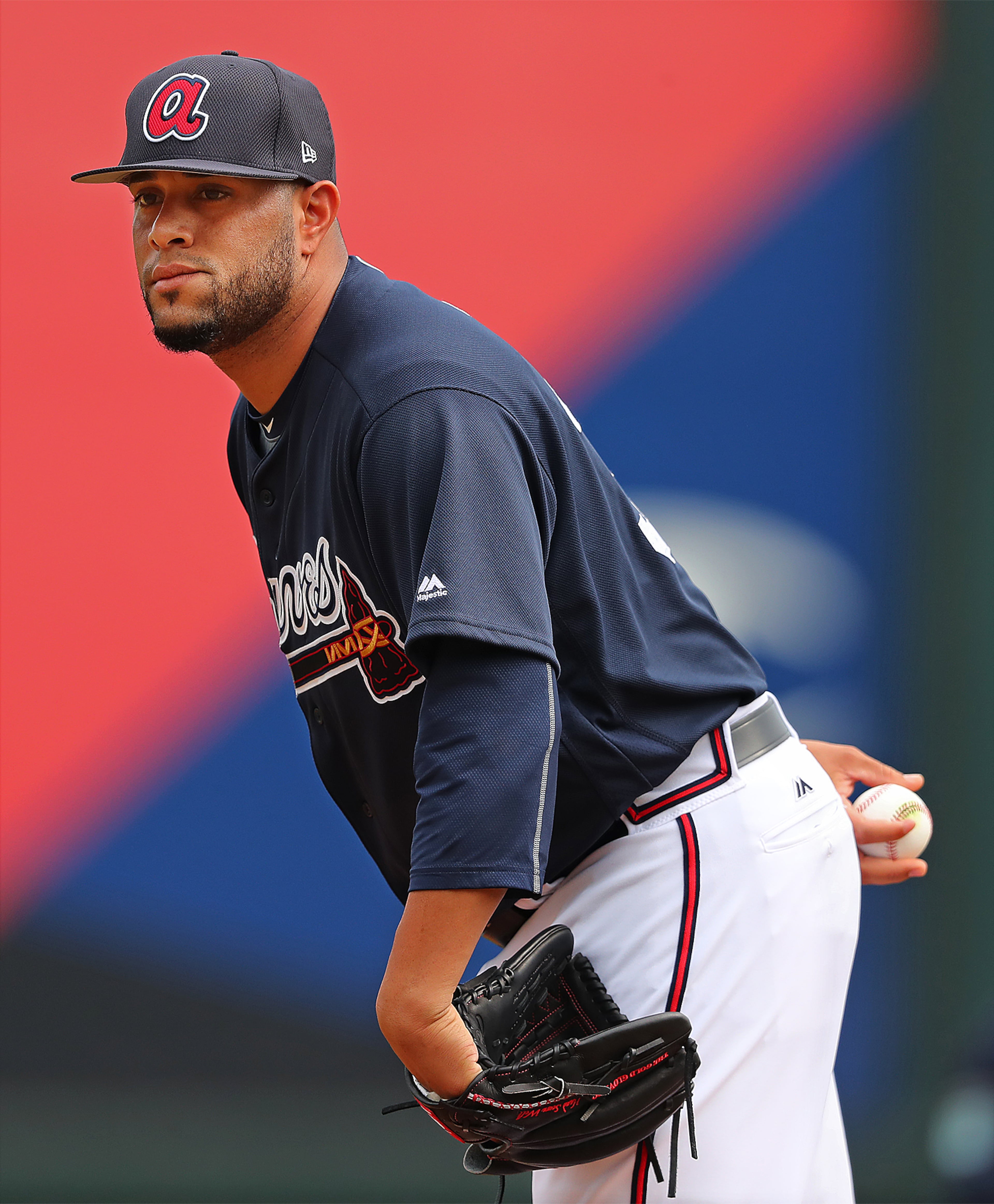 February 18, 2017, Lake Buena Vista, FL: Atlanta Braves pitcher Rhiner Cruz prepares to deliver a pitch during the first full squad workout at Champion Stadium on Saturday Feb. 18, 2017, at the ESPN Wide World of Sports in Lake Buena Vista. Curtis Compton/ccompton@ajc.com
