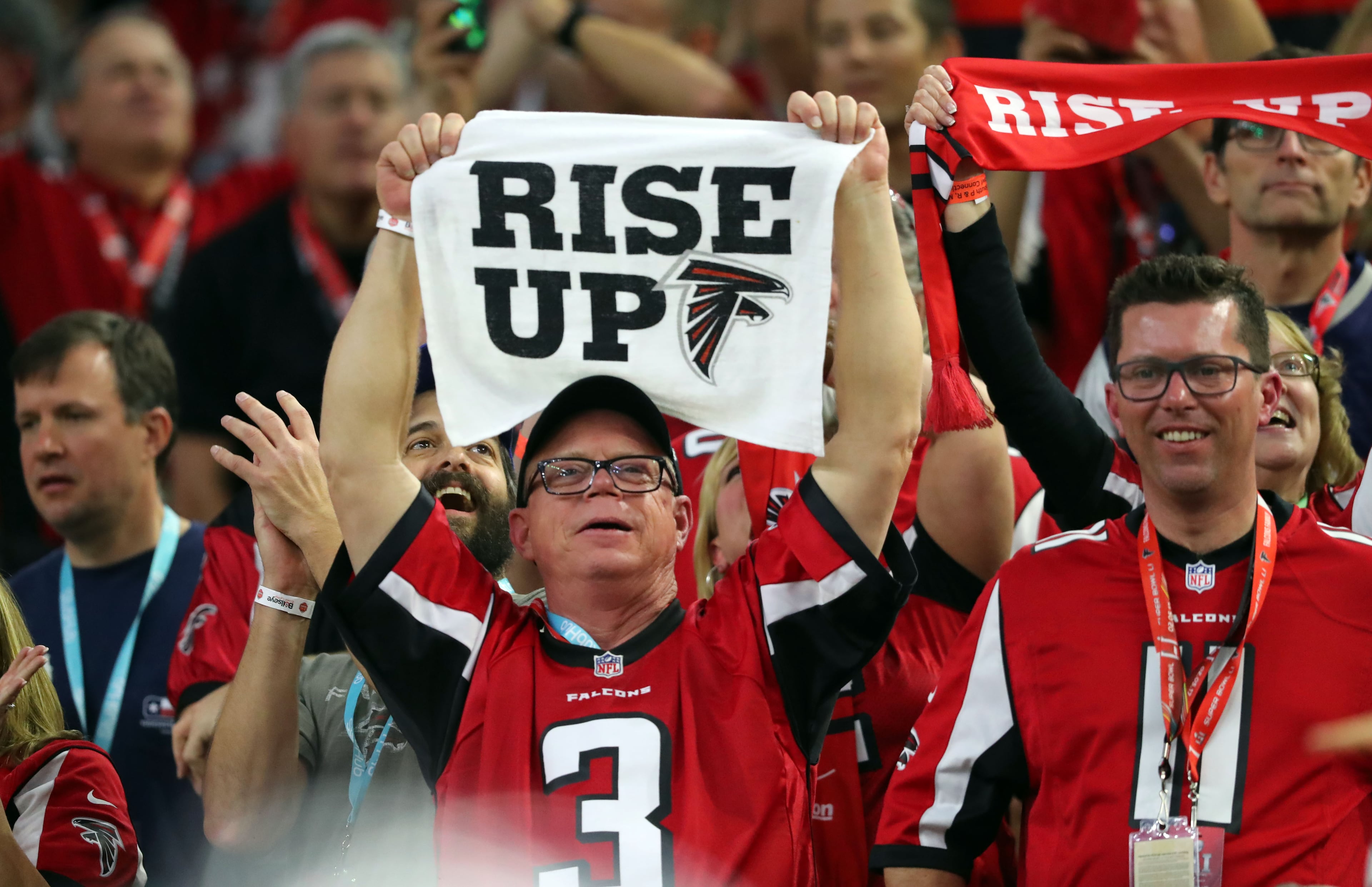 FEBRUARY 5, 2017 HOUSTON TX Falcons fans cheer as the Atlanta Falcons meet the New England Patriots in Super Bowl LI at NRG Stadium in Houston, TX, Sunday, February 5, 2017. Curtis Compton/AJC