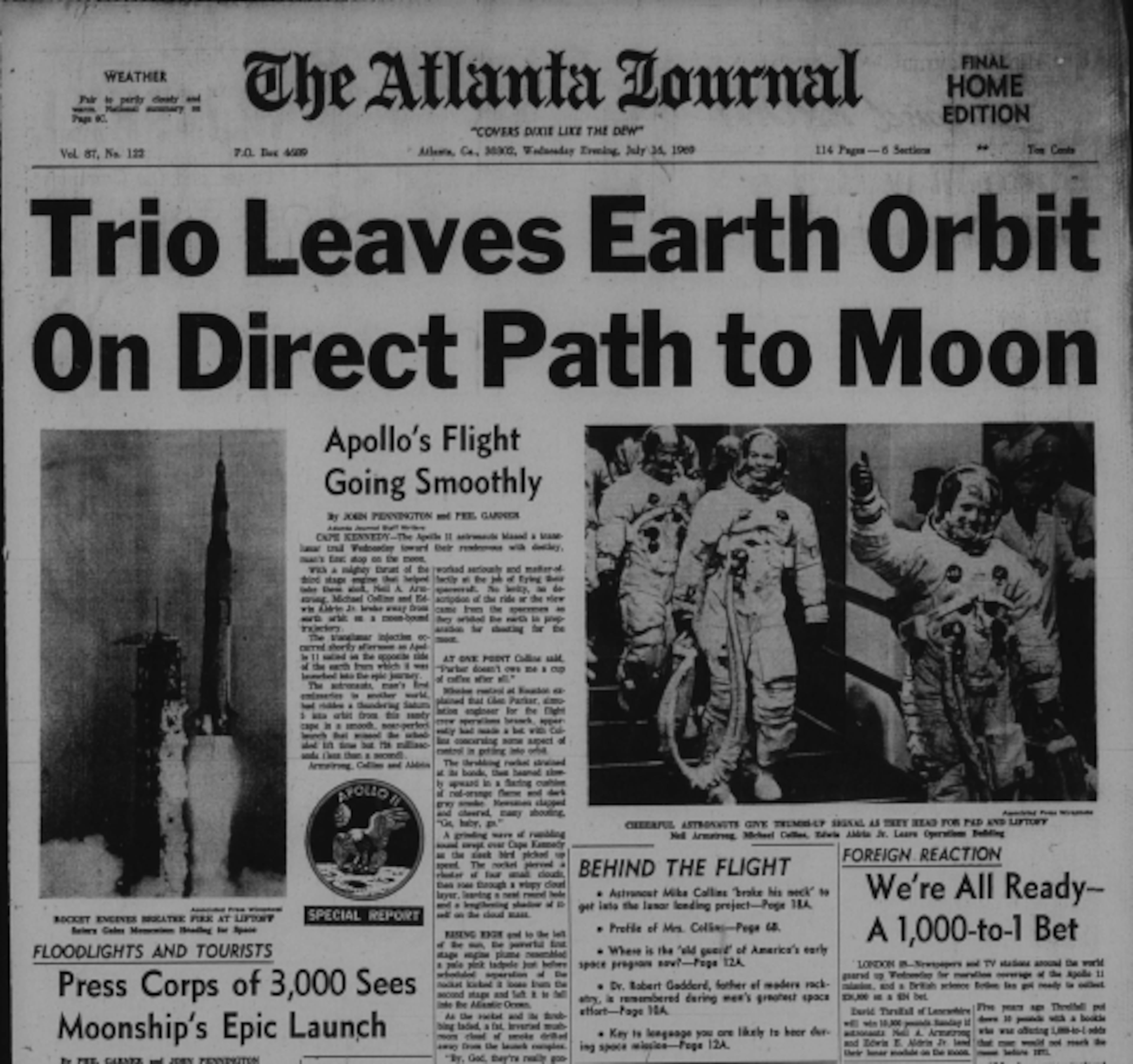The Atlanta Journal front page from the July 16, 1969 launch of Apollo 11. (AJC archives)