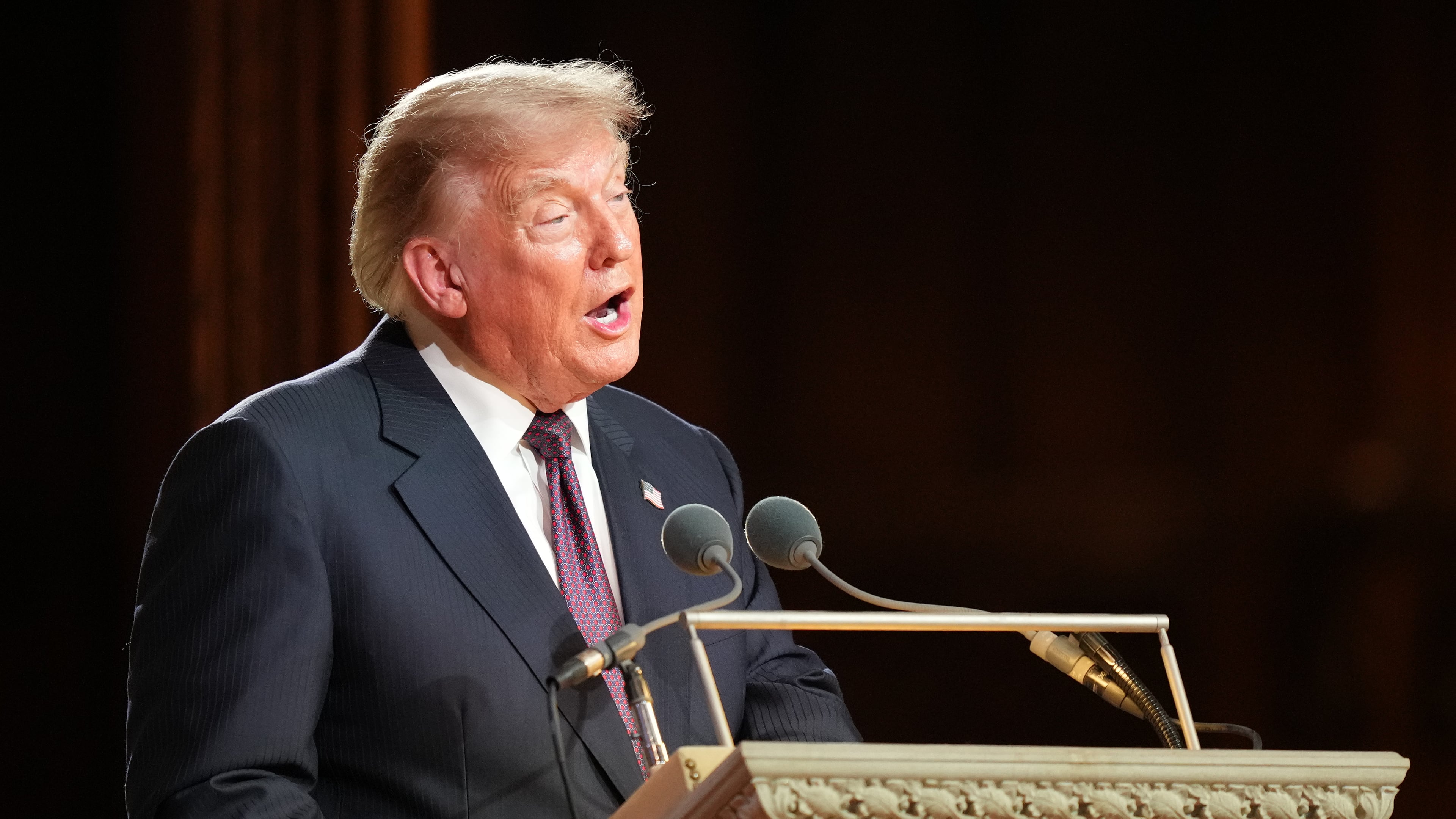 President Donald Trump speaks at the funeral of Sen. Lindsey Graham, R-S.C., at the Washington National Cathedral, Tuesday, July 28, 2026, in Washington. (AP Photo/Alex Brandon, Pool)