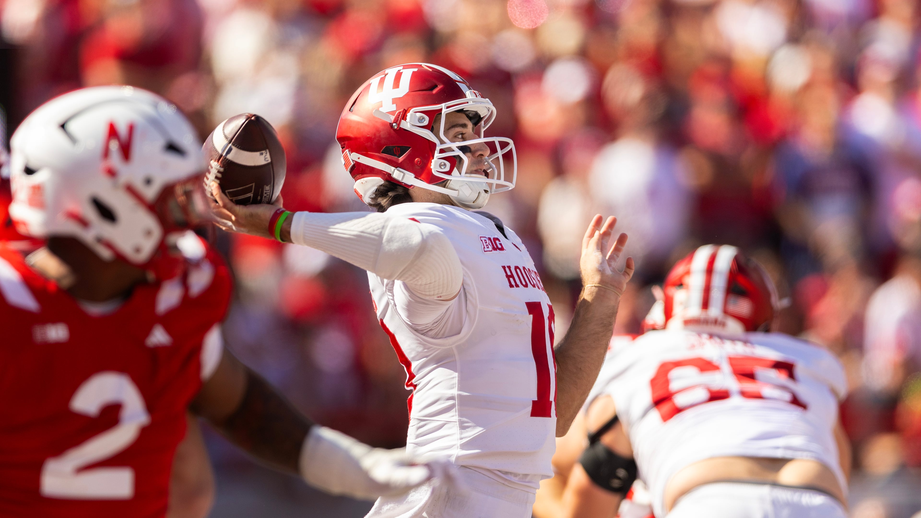 Indiana quarterback Josh Hoover (10) throws a pass during the second half of an NCAA college football game against Nebraska, Saturday, Oct. 10, 2026, in Lincoln, Neb. (AP Photo/Rebecca S. Gratz)