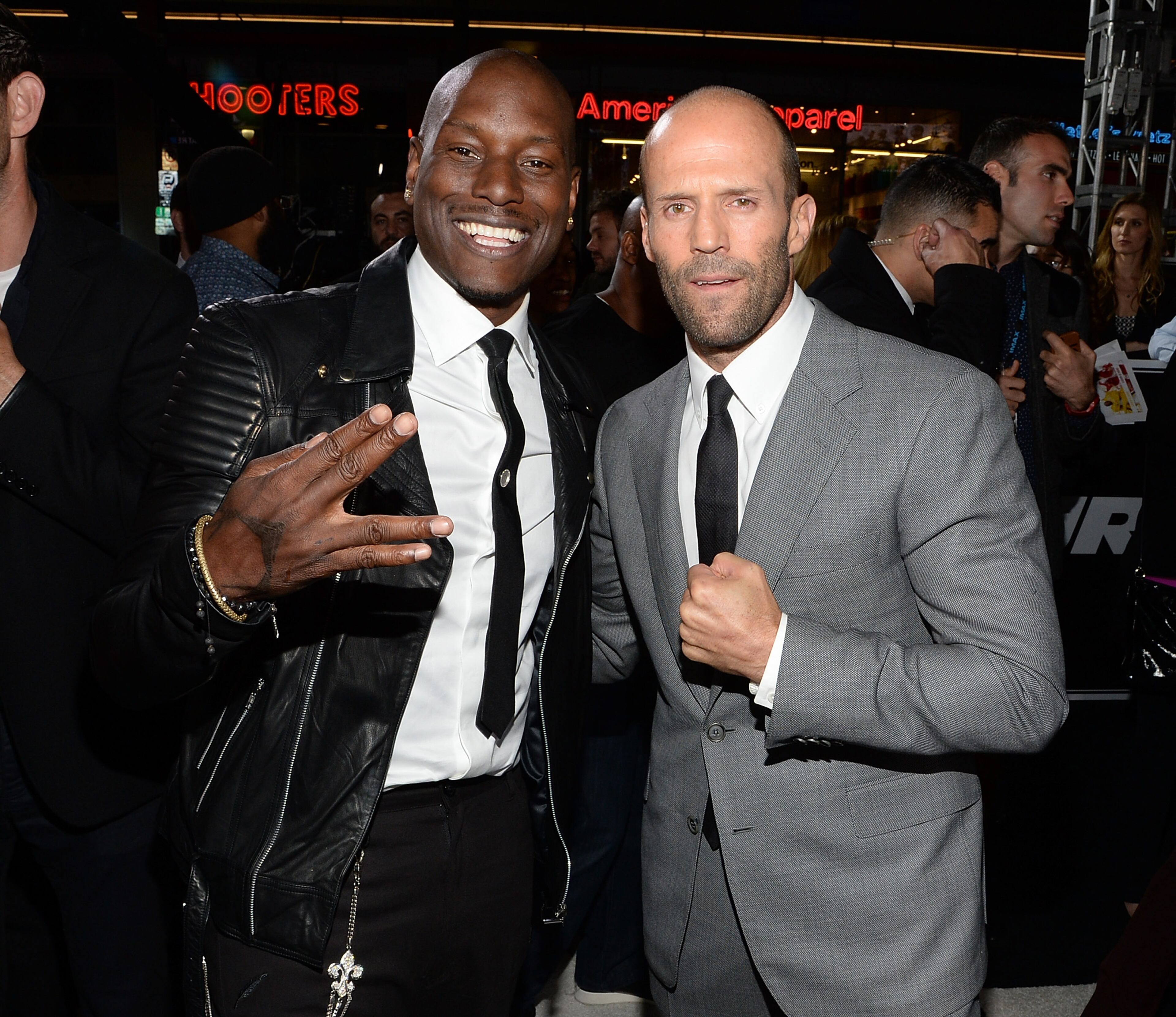 HOLLYWOOD, CA - APRIL 01: Actors Tyrese Gibson (L) and Jason Statham attend the Furious 7 Los Angeles Premiere Sponsored by Dodge at TCL Chinese 6 Theatres on April 1, 2015 in Hollywood, California. (Photo by Michael Kovac/Getty Images for Dodge)