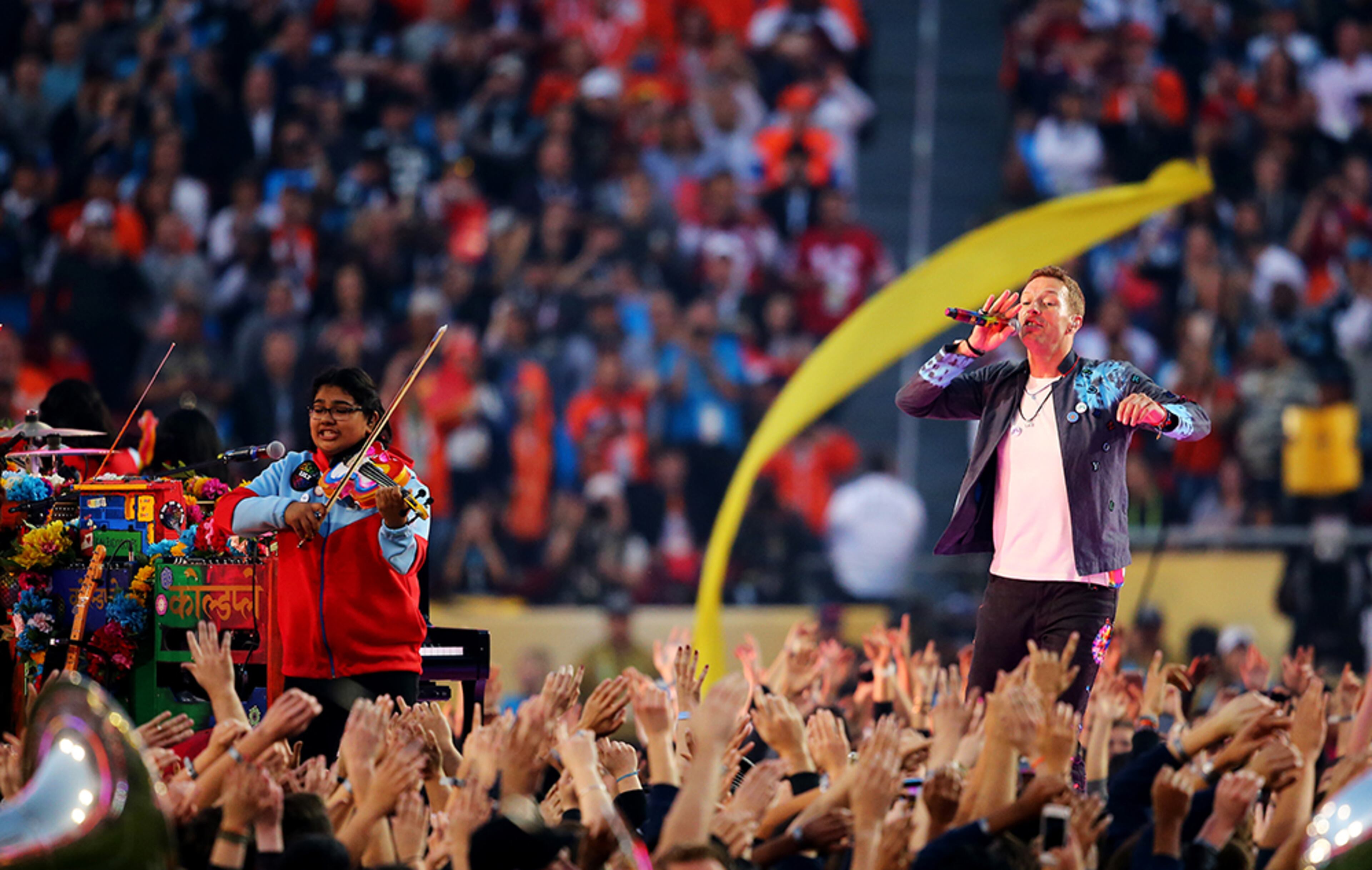 Chris Martin of Coldplay performs during the Pepsi Super Bowl 50 Halftime Show at Levi's Stadium on Feb. 7, 2016, in Santa Clara, Calif.