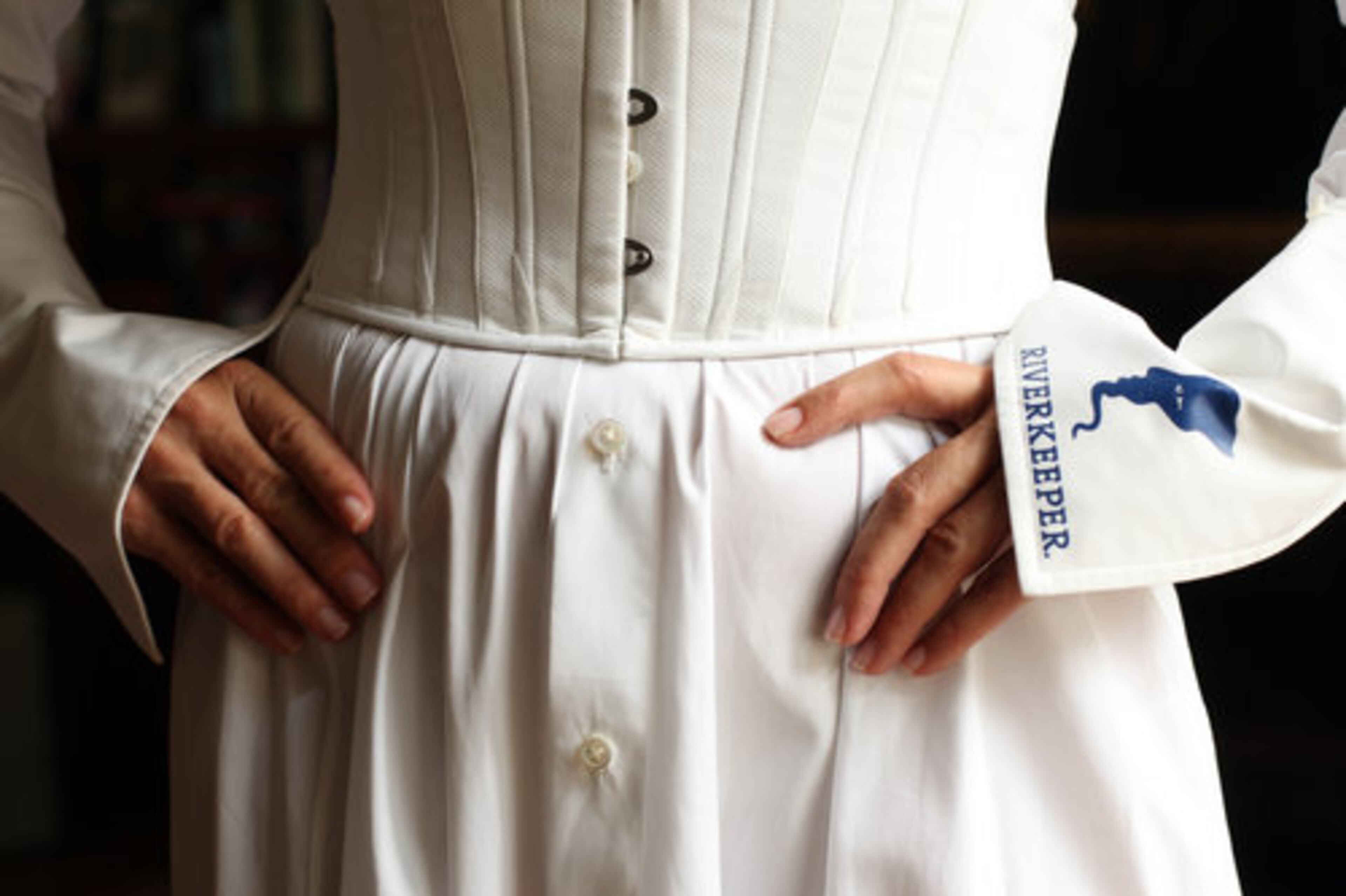FASHION PET PEEVE: "Throwing away great clothing items because they were 'last season.' I love finding pieces from three or four years ago that I can wear again." Her Maggie Norris dress has a corset bodice and a Riverkeeper logo printed on the sleeve.