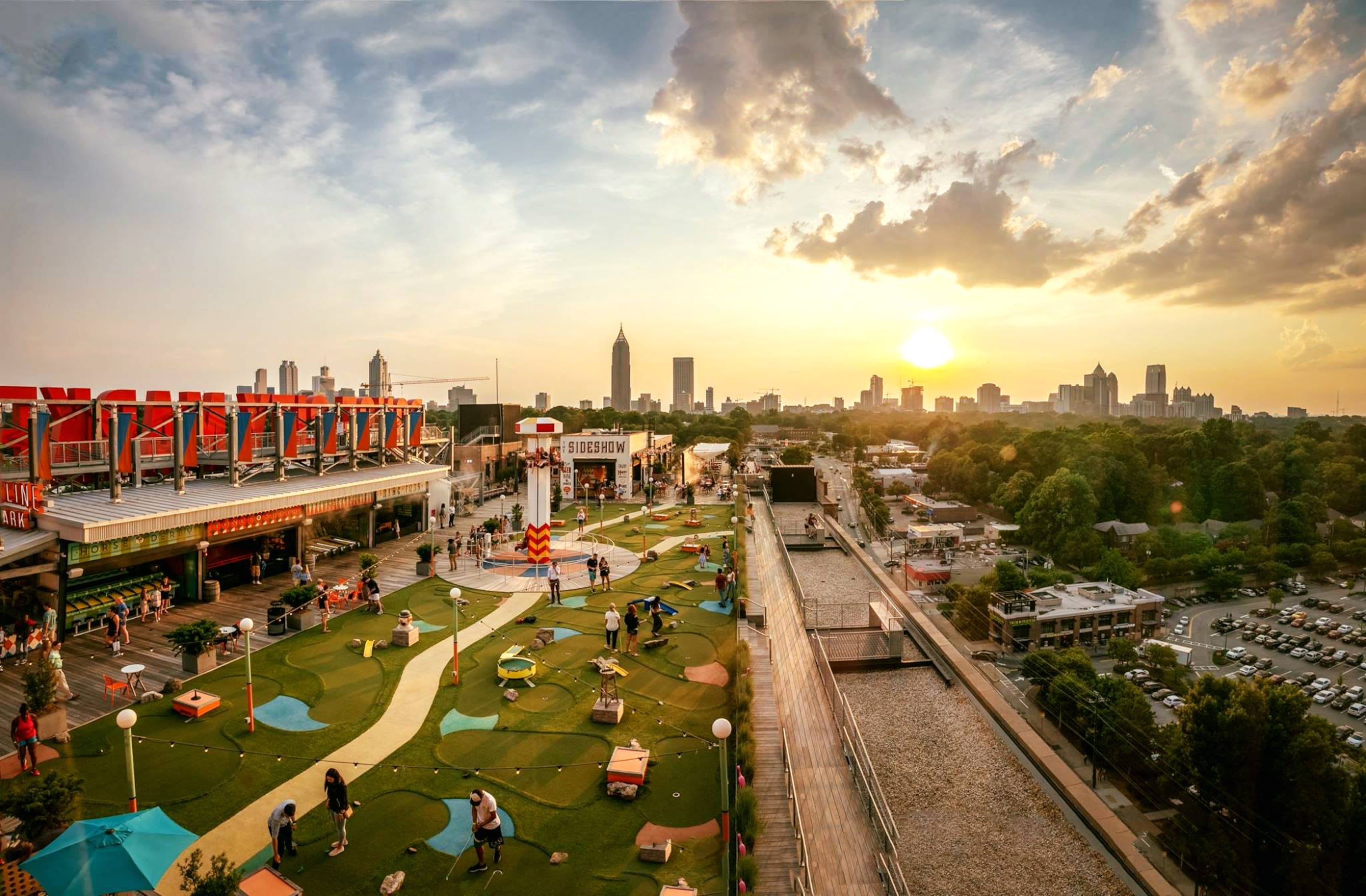 The mini golf course at Skyline Park on the roof at Ponce City Market affords a view of downtown, Midtown and north toward Buckhead. (Courtesy of Skyline Park)