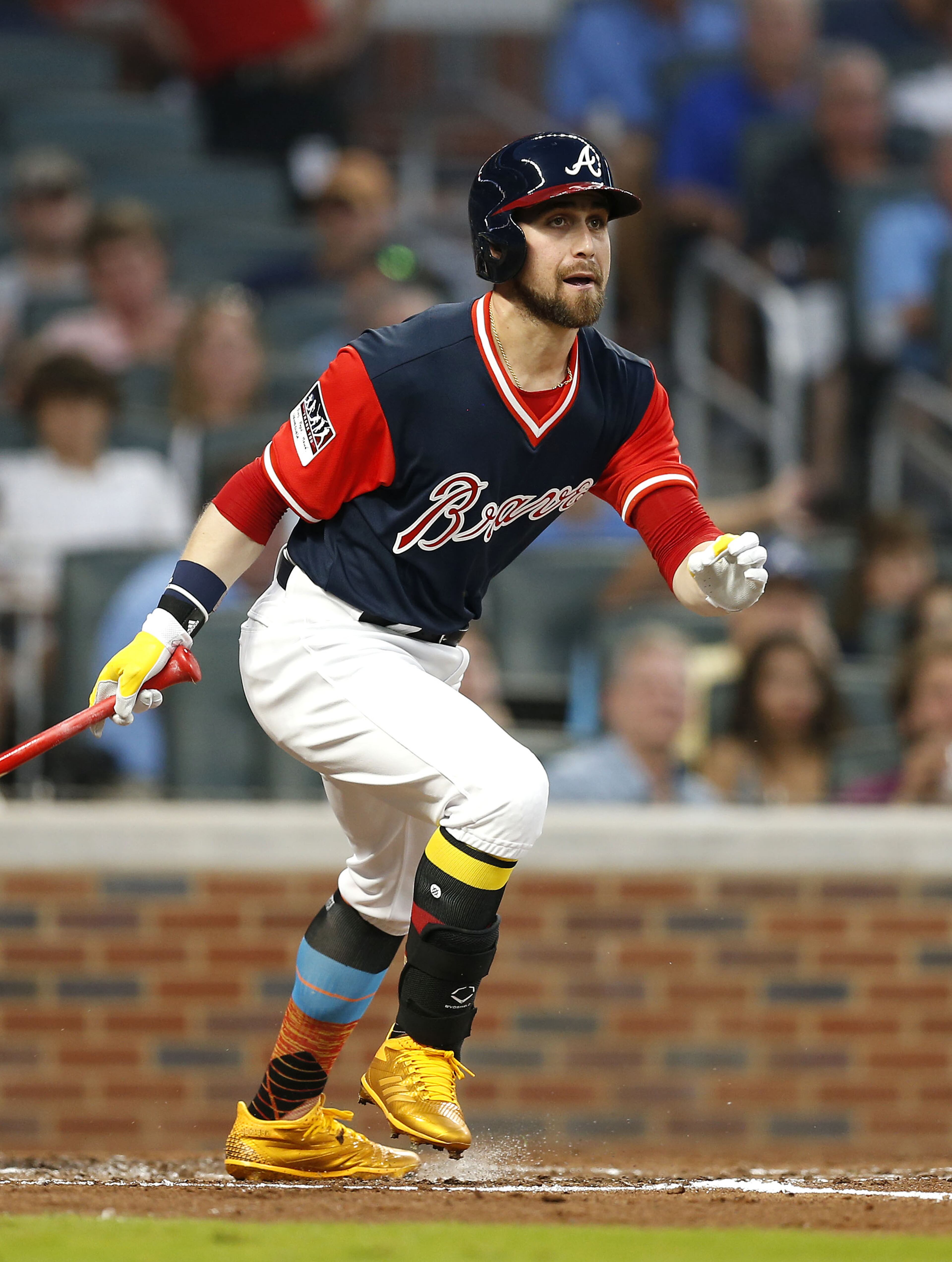 ATLANTA, GA - AUGUST 25: Centerfielder Ender Inciarte #11 of the Atlanta Braves hits an RBI fielder's choice ground out in the second inning during the game against the Colorado Rockies the Atlanta Braves at SunTrust Park on August 25, 2017 in Atlanta, Georgia. (Photo by Mike Zarrilli/Getty Images)