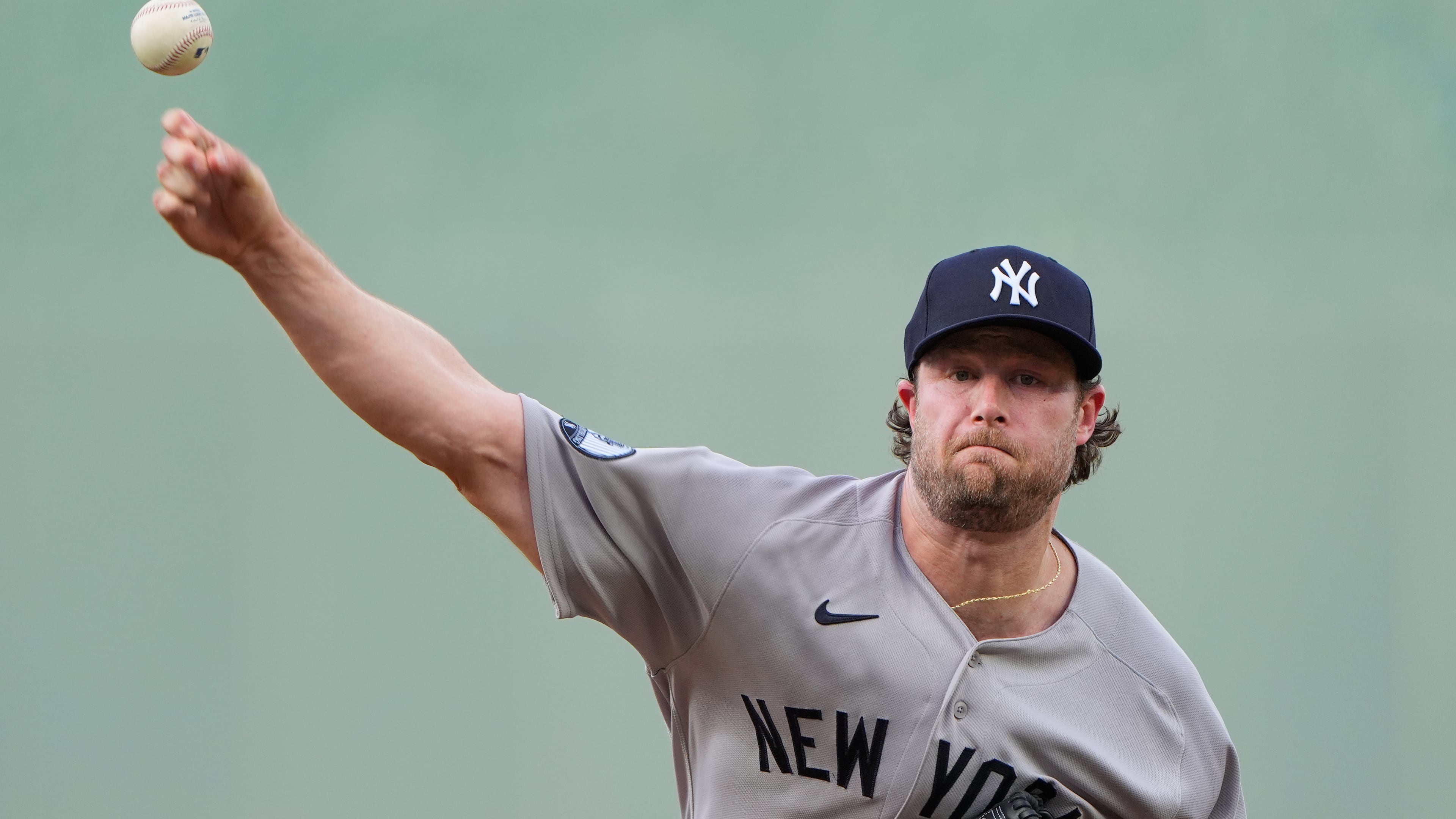 New York Yankees starting pitcher Gerrit Cole throws during the first inning of baseball game against the Kansas City Royals, Wednesday, May 27, 2026, in Kansas City, Mo. (AP Photo/Charlie Riedel)
