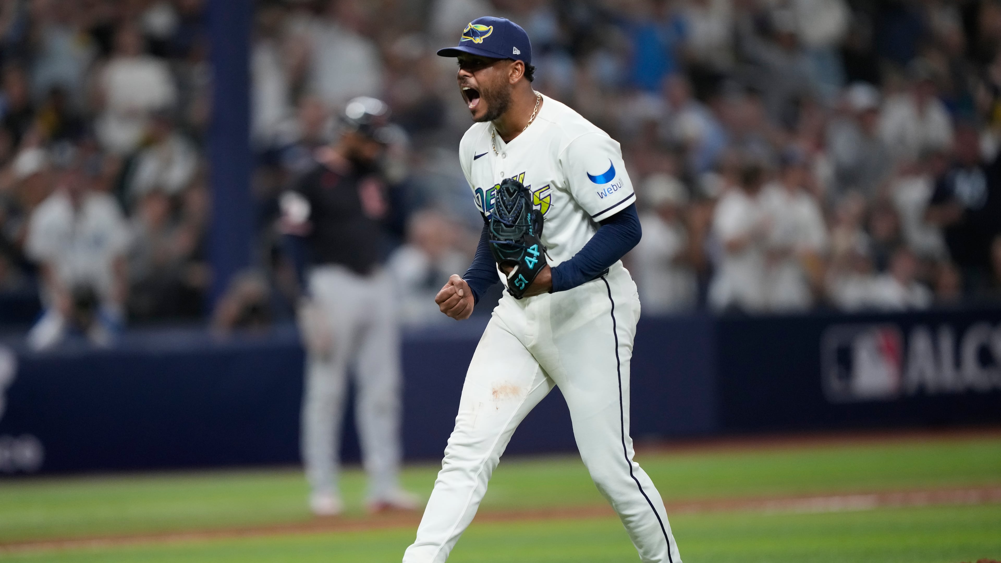 Tampa Bay Rays pitcher Freddy Peralta celebrates the end of the top of the fourth inning against the Cleveland Guardians in Game 6 of an American League Championship Series baseball game in St. Petersburg, Fla. Monday, Oct. 19, 2026. (AP Photo/David J. Phillip)