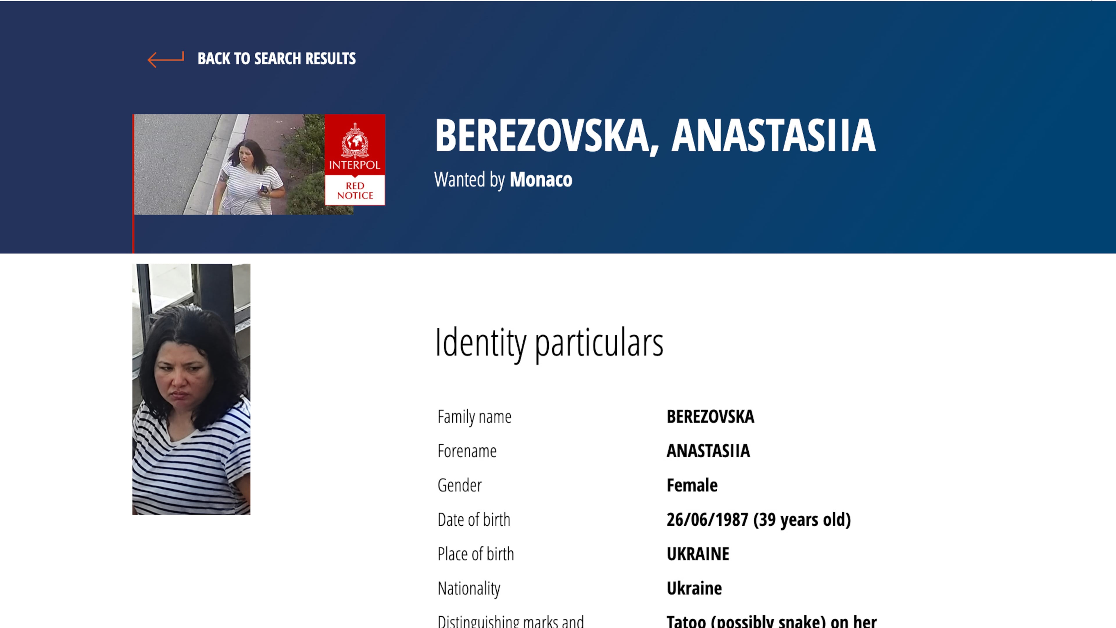 This screenshot of the Interpol webpage shows a Red Notice for Anastasiia Berezovska, a suspect in the Monaco bombing that reportedly targeted a Ukrainian tycoon with links to Russia. (Interpol via AP)
