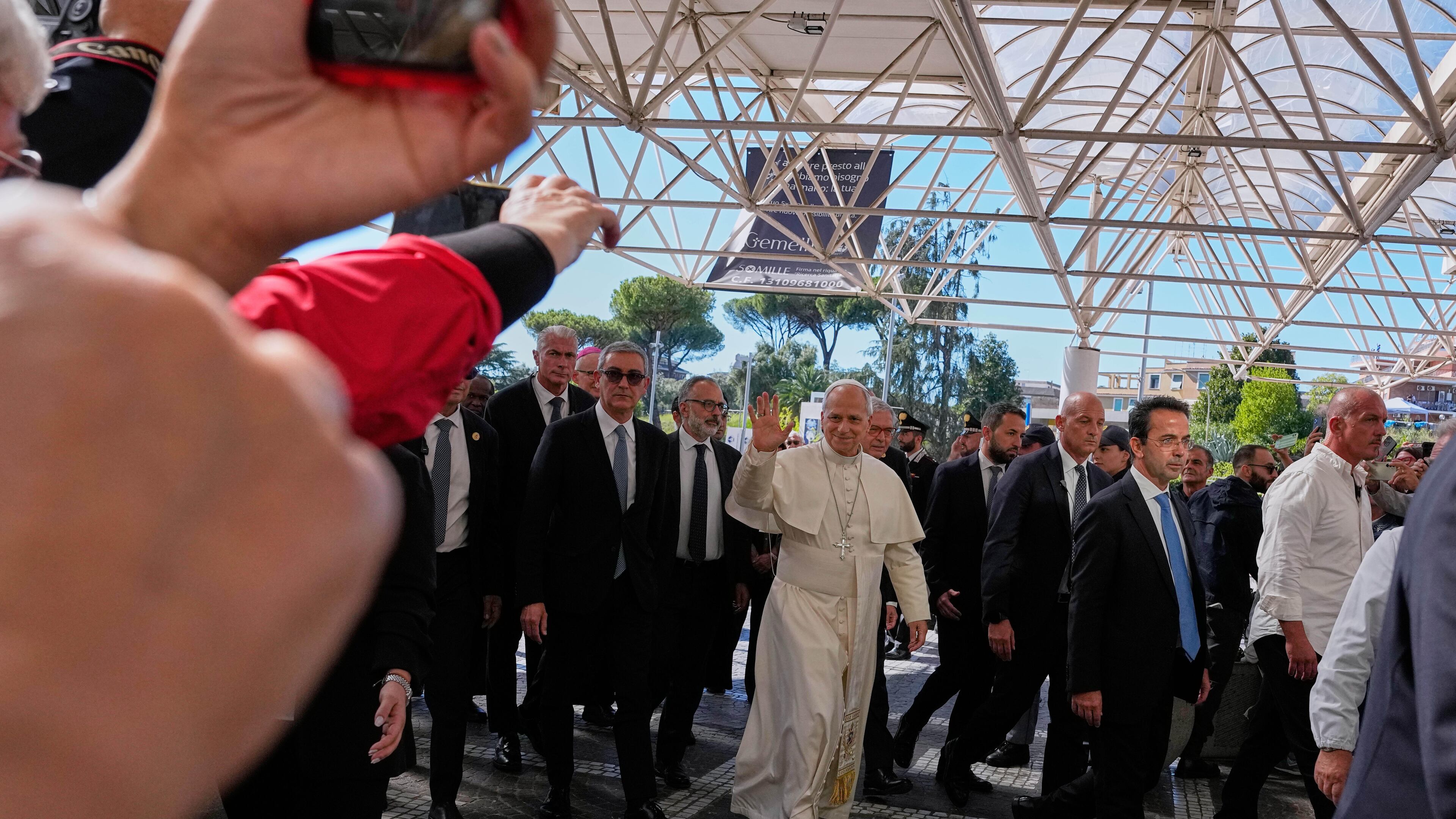 Pope Leo XIV arrives at the Agostino Gemelli Polyclinic in Rome on Tuesday, Oct. 13, 2026, where doctors expect to remove a lung nodule. (AP Photo/Alessandra Tarantino)