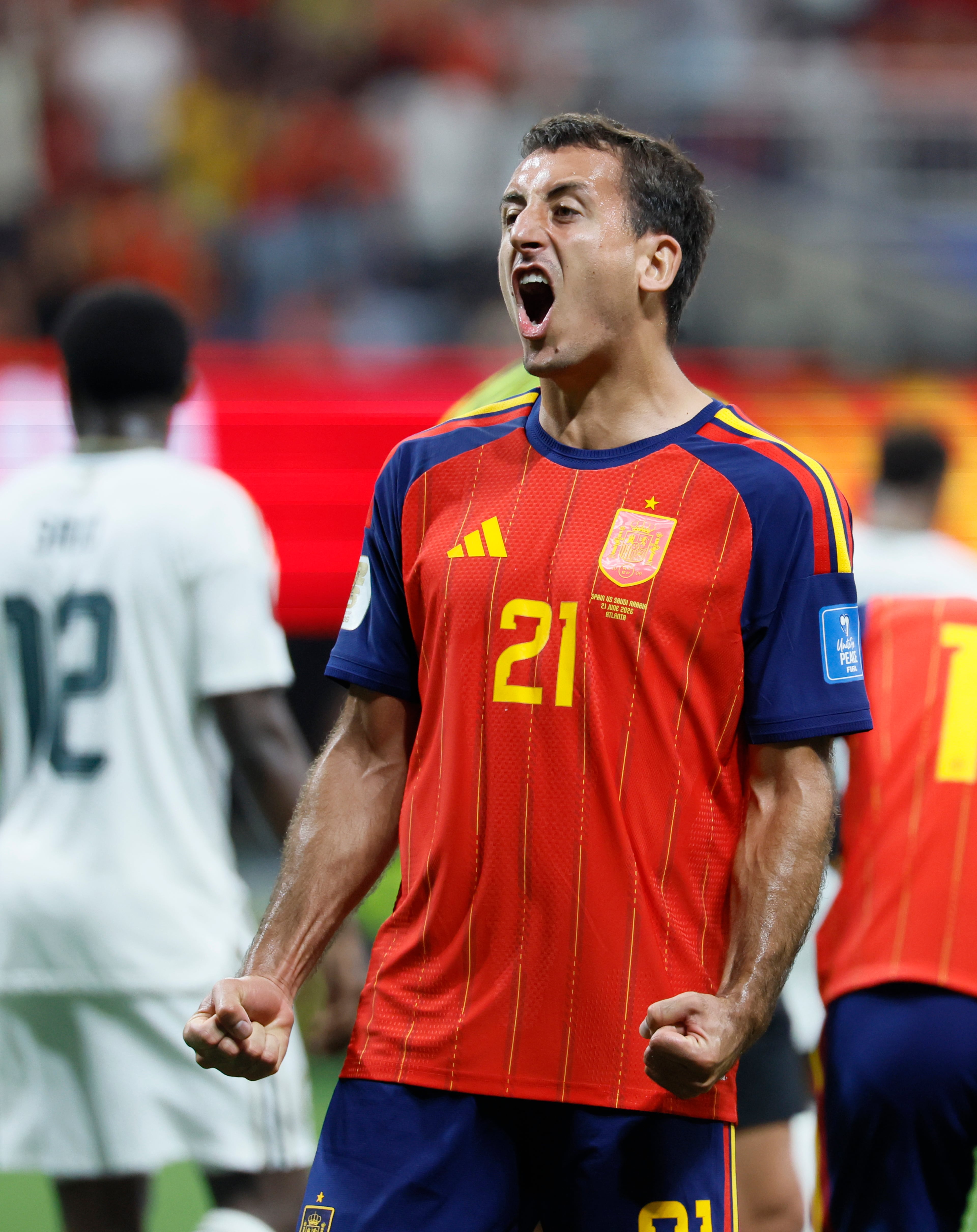 Spain's Mikel Oyarzabal celebrates his first goal during the first half of the Spain vs. Saudi Arabia World Cup match Sunday, June 21, 2026, at Atlanta Stadium. (Miguel Martinez/AJC)