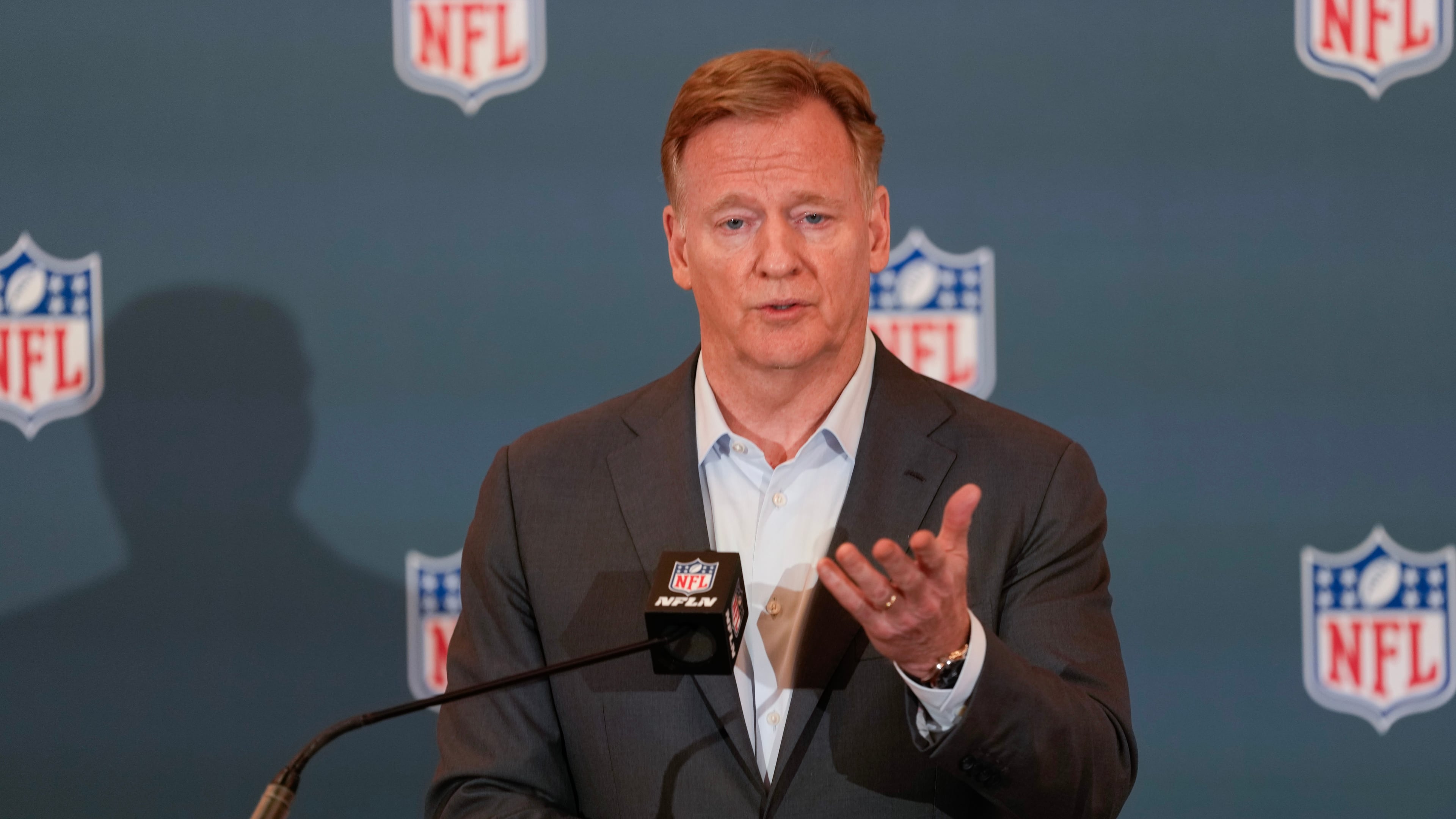 NFL commissioner Roger Goodell answers questions during a news conference at the NFL football owners' meetings Tuesday, May 19, 2026, in Orlando, Fla. (AP Photo/John Raoux)