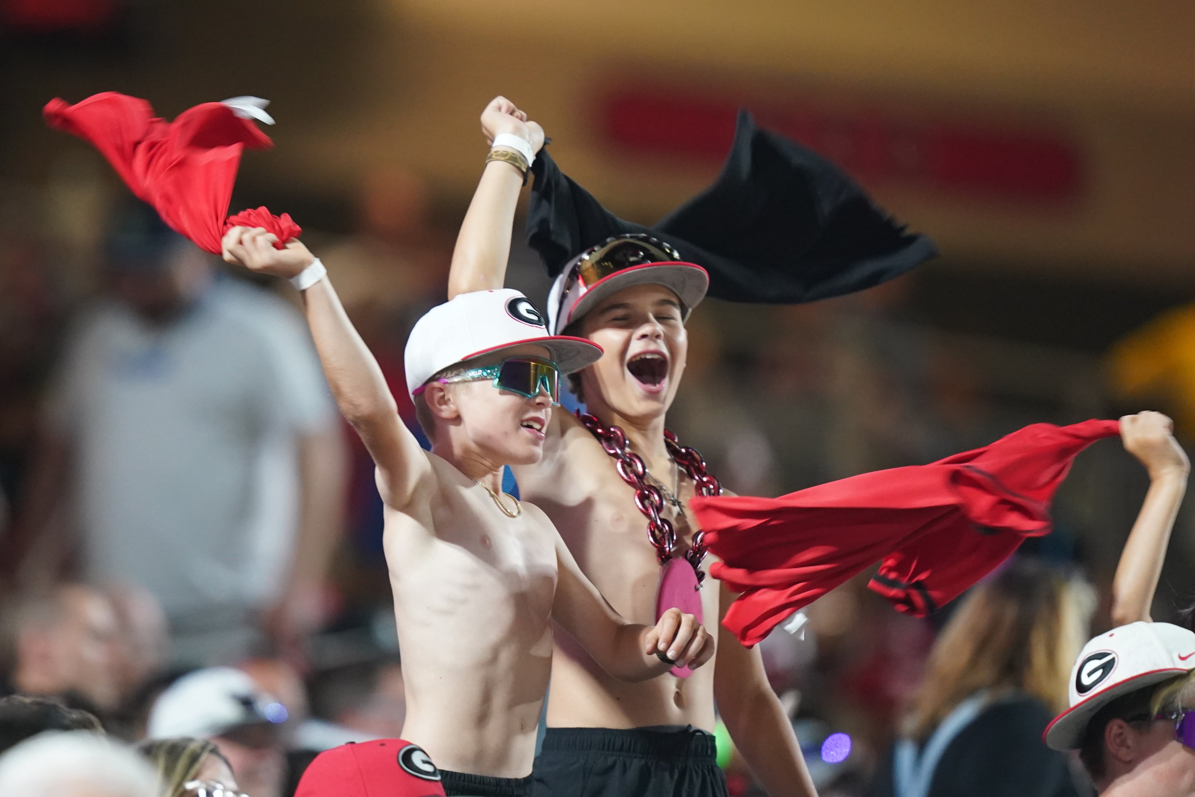 Georgia baseball fans cheer in the stands during an NCAA baseball College World Series elimination game against Texas, Tuesday, June 16, 2026 in Omaha, Neb. Georgia won 2-0. (AP Photo/Vera Nieuwenhuis)