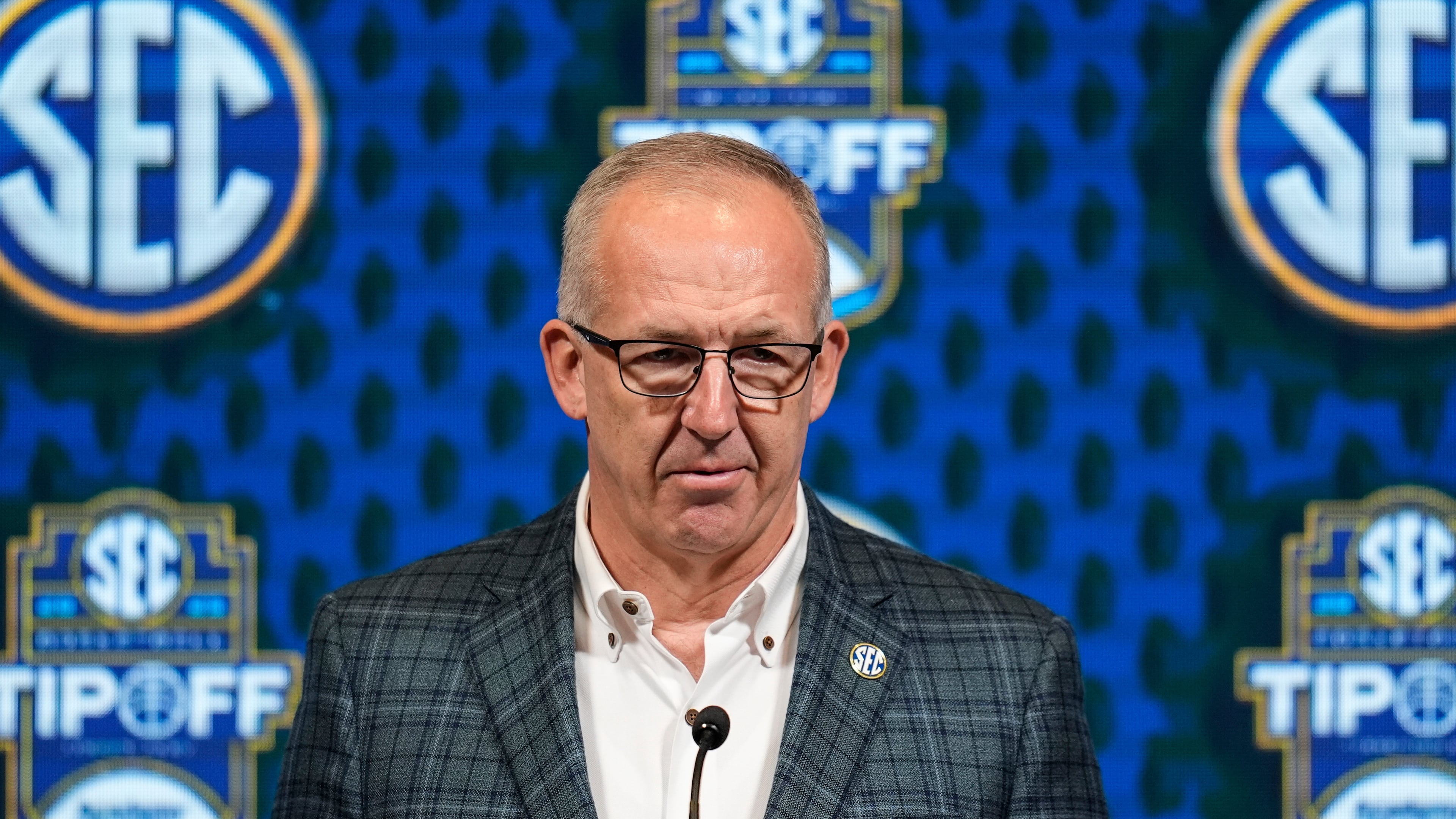 FILE - Greg Sankey, commissioner of the Southeastern Conference, speaks during NCAA college basketball women's SEC Media Day, Oct. 16, 2024, in Birmingham, Ala. (AP Photo/Mike Stewart, File)