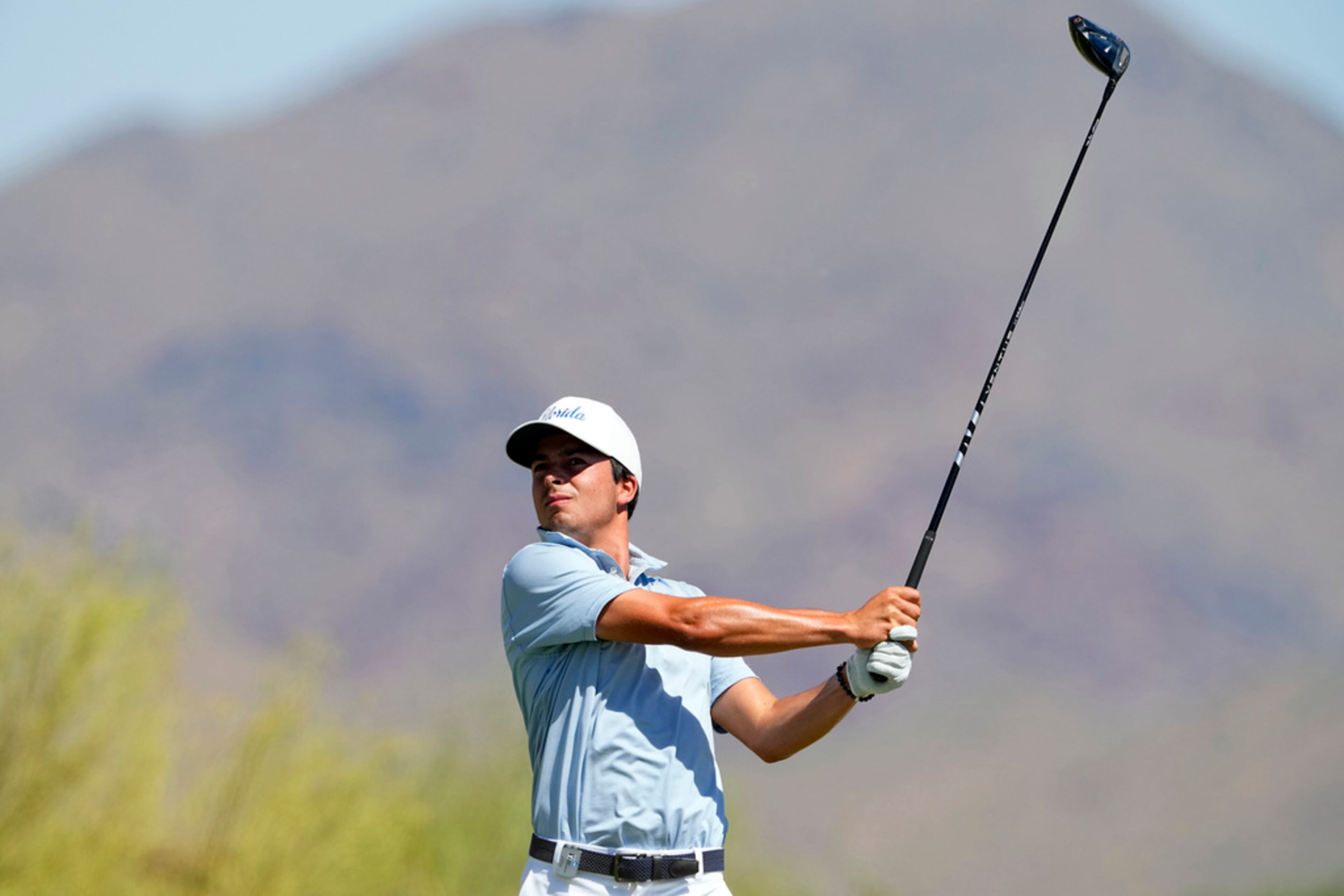 Florida golfer Fred Biondi hits from the third tee during the final round of the NCAA college men's match play golf championship, Wednesday, May 31, 2023, in Scottsdale, Ariz. (AP Photo/Matt York)