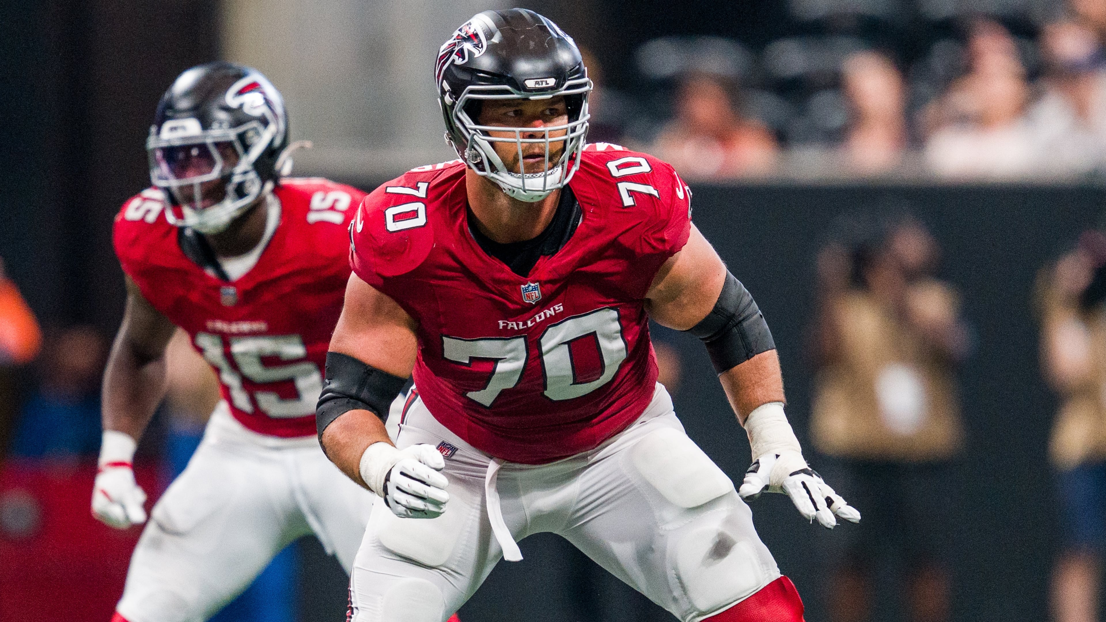 Atlanta Falcons offensive tackle Jake Matthews has started 199 games in a row. Getting to 200 is questionable. (Danny Karnik/AP)