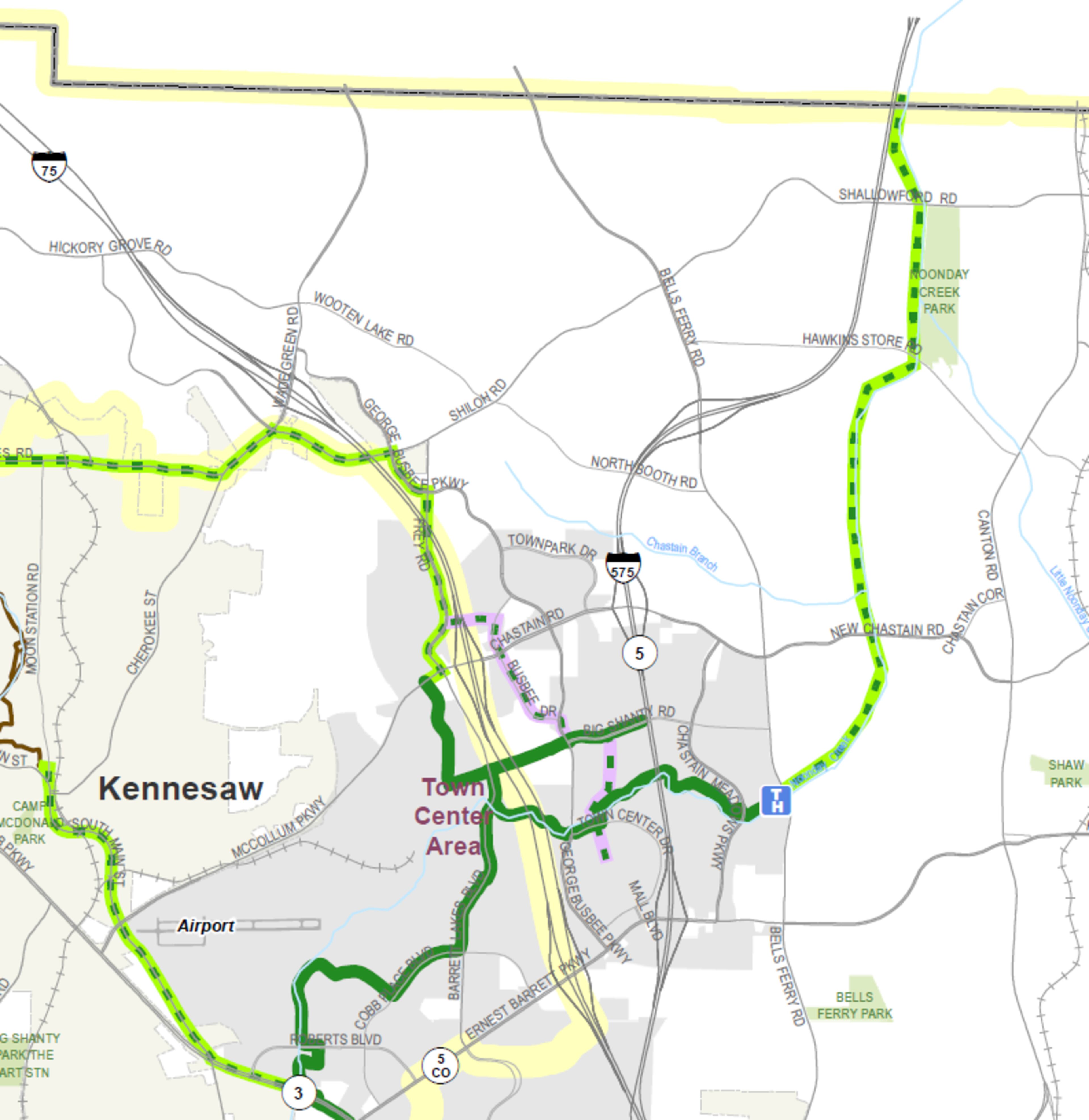 A cutout from a January 2016 Cobb County Department of Transportation map showing the current Noonday Creek Trail and it's proposed addition that would lead up to the Cherokee County line to meet up with a Cherokee trail that would lead to downtown Woodstock.