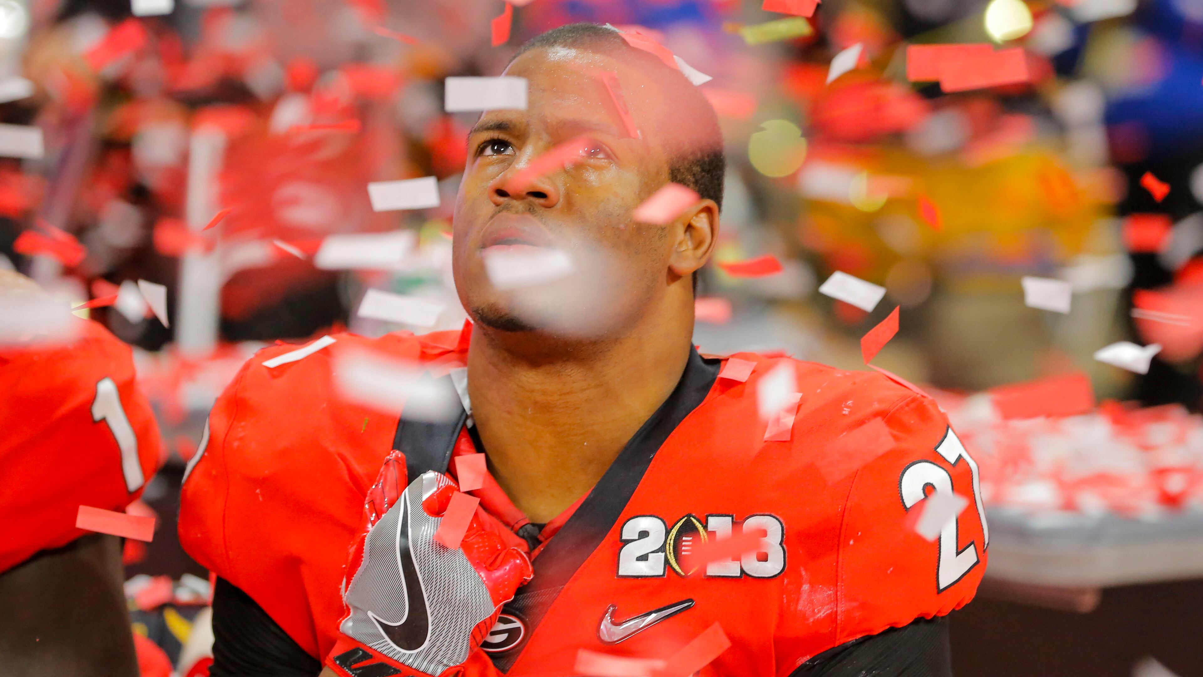 Georgia Bulldogs running back Nick Chubb (27) looks up with emotion after the Georgia Bulldogs lost the College Football Playoff Championship at Mercedes-Benz stadium in Atlanta, Monday, Jan. 8, 2018.
