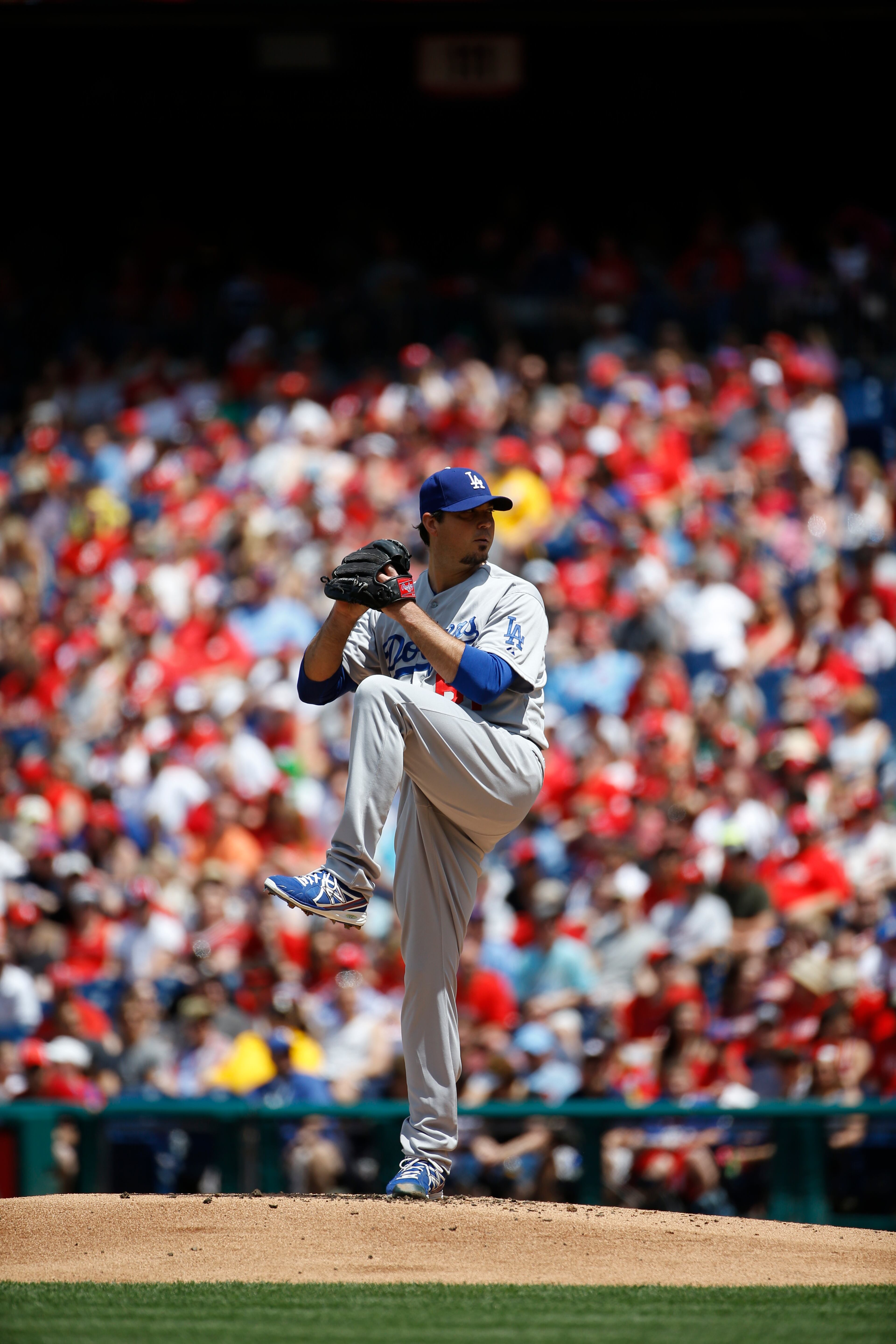 Los Angeles Dodgers' Josh Beckett pitches during his no-hitter baseball game against the Philadelphia Phillies, Sunday, May 25, 2014, in Philadelphia. Los Angeles won 6-0. (AP Photo/Matt Slocum)