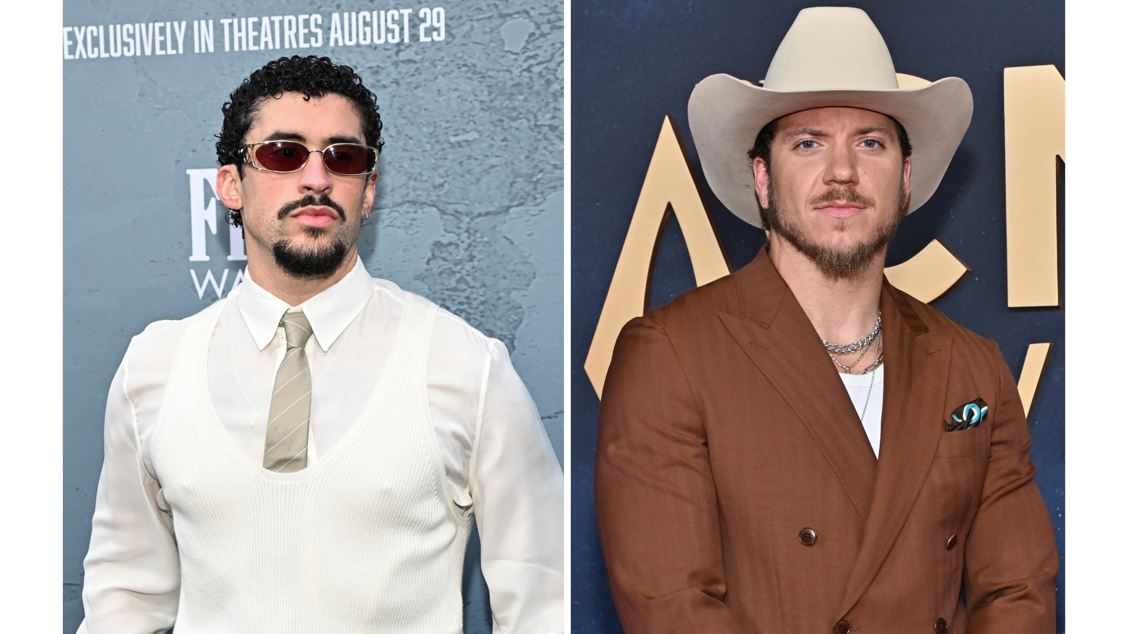 This combination of photos shows Bad Bunny at the premiere of "Caught Stealing" in New York on Aug. 26, 2025, left, and Brandon Lake at the 59th Annual Country Music Association Awards in Nashville, Tenn., on Nov. 19, 2025. (Photos by Evan Agostini/Invision/AP)