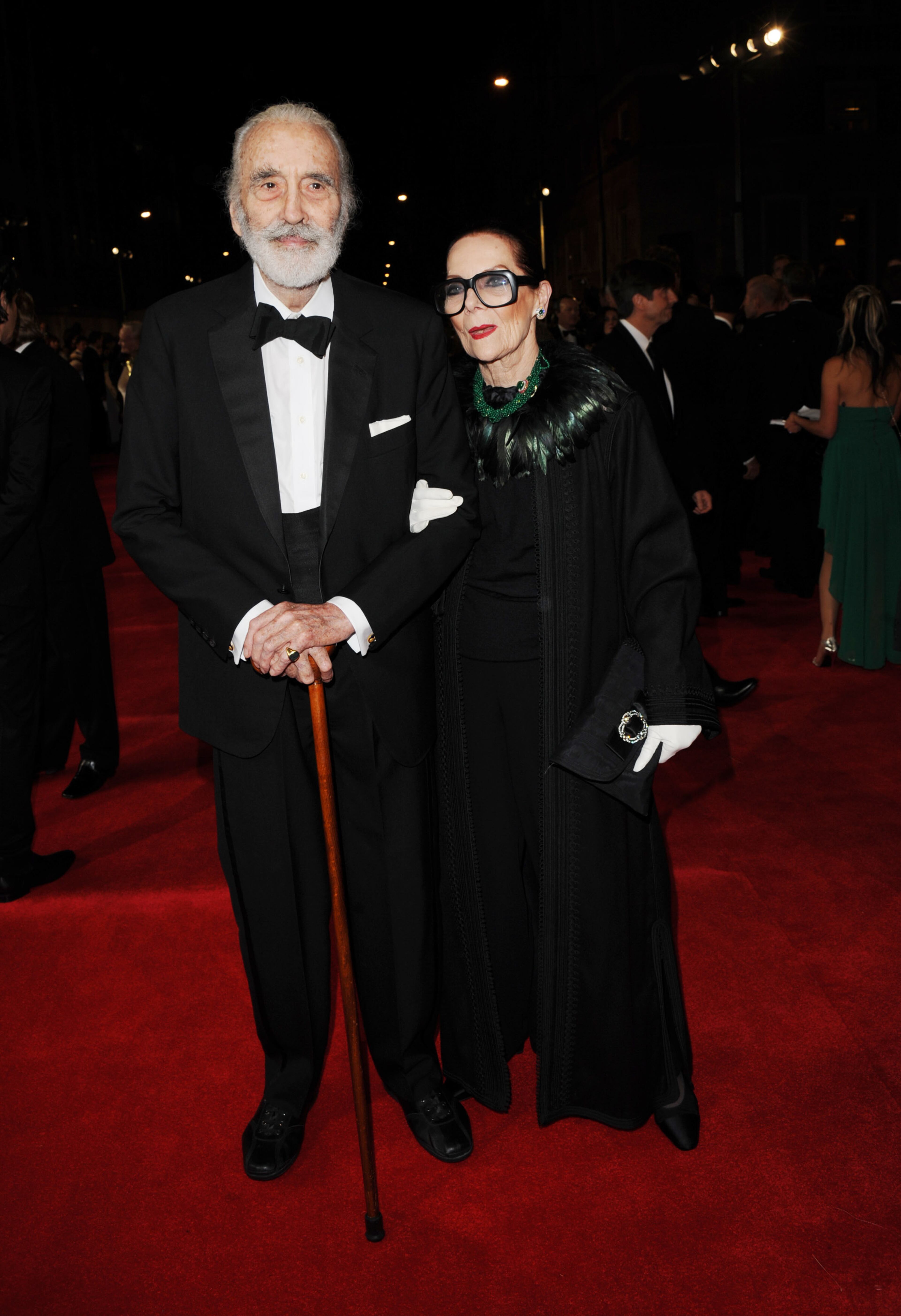 Christopher Lee, left, and Birgit Kroencke arrive at the world premiere of "Skyfall" at the Royal Albert Hall on Tuesday, Oct. 23, 2012 in London.