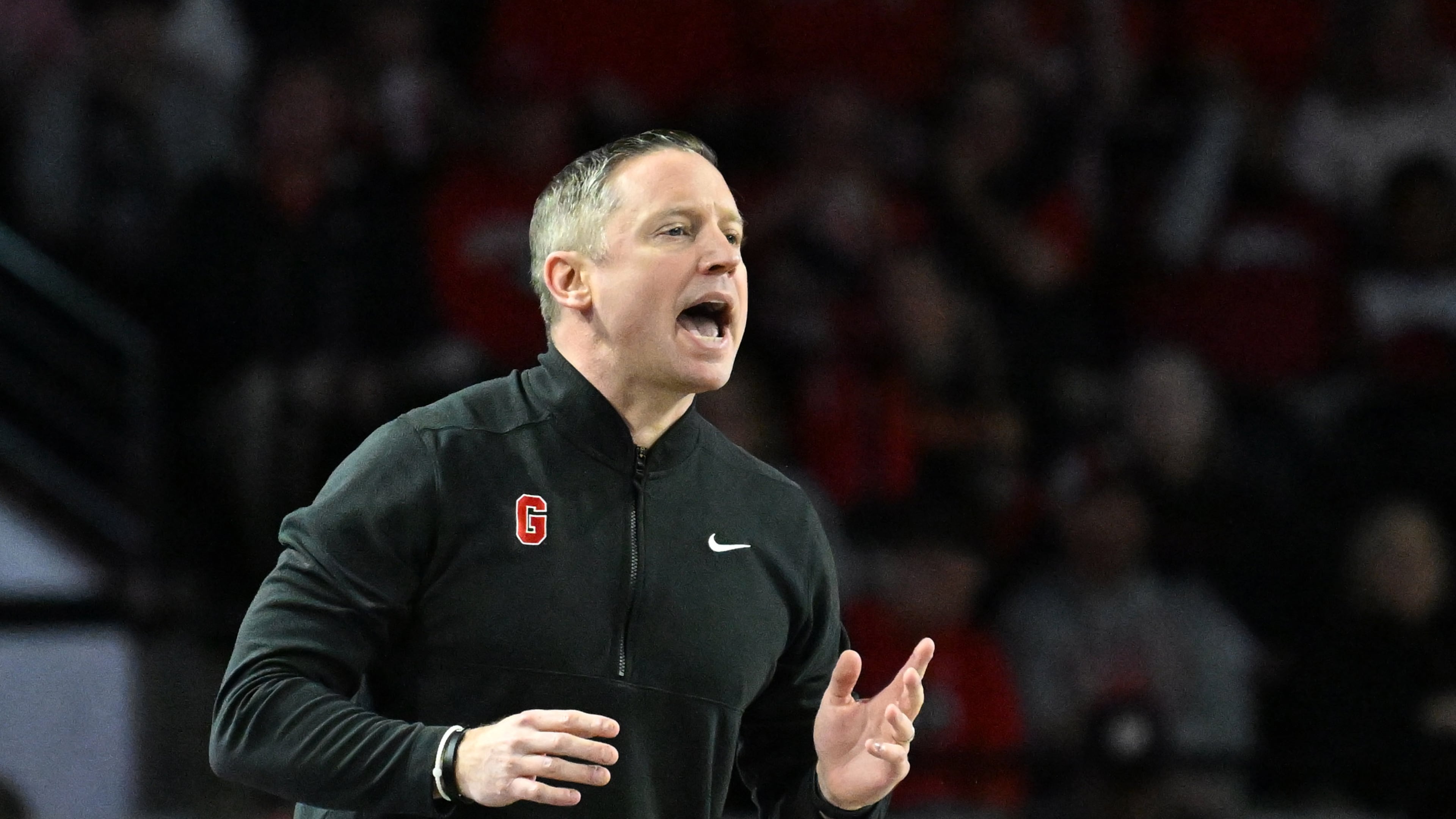Georgia coach Mike White gives instructions to his players during the first half against Arkansas at Stegeman Coliseum on Saturday, Jan. 17, 2026, in Athens. (Hyosub Shin/AJC)