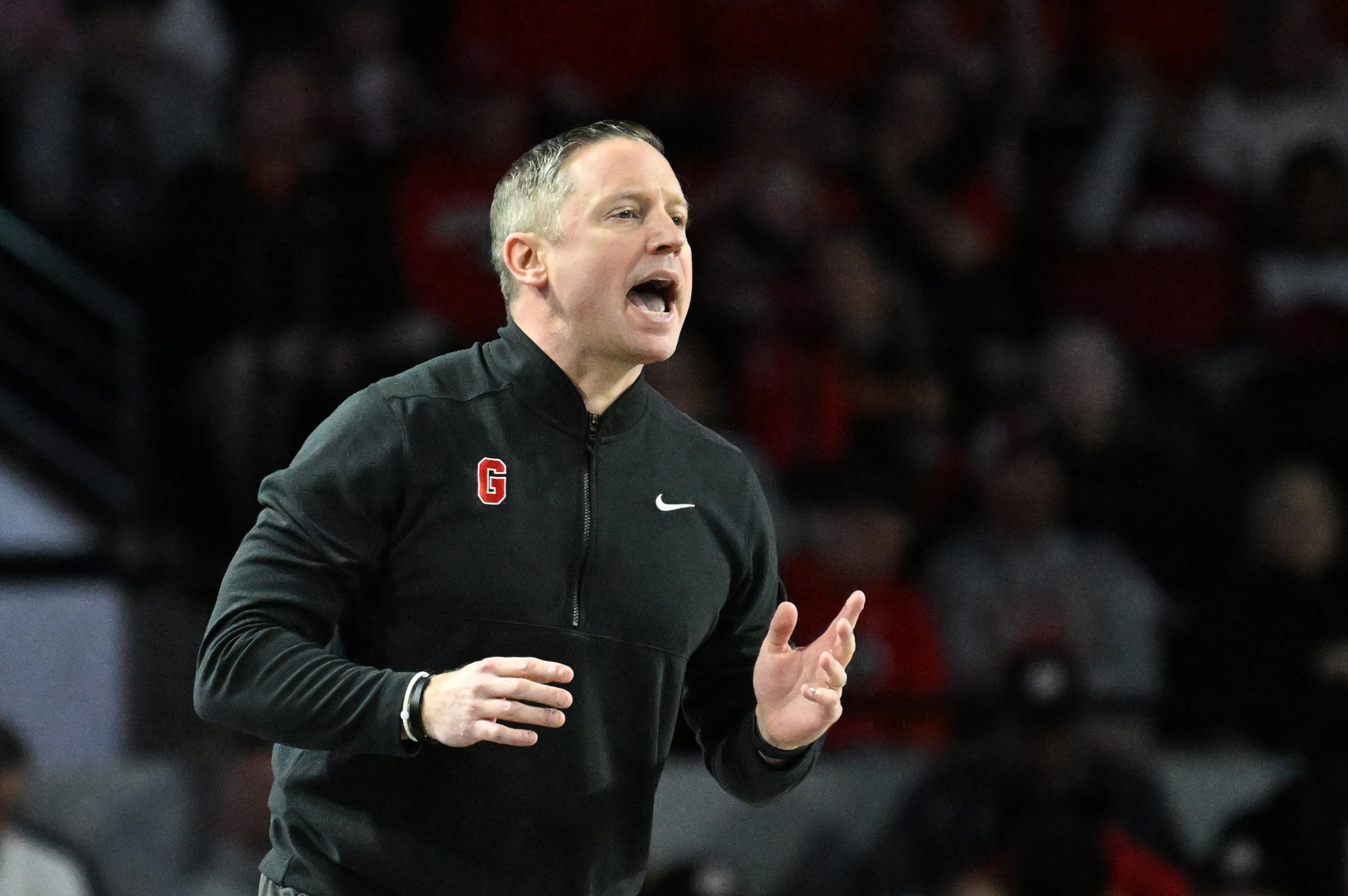 Georgia head coach Mike White shouts instructions during the first half in an NCAA college basketball game at Stegeman Coliseum, Saturday, Jan. 17, 2026, in Athens. (Hyosub Shin/AJC)