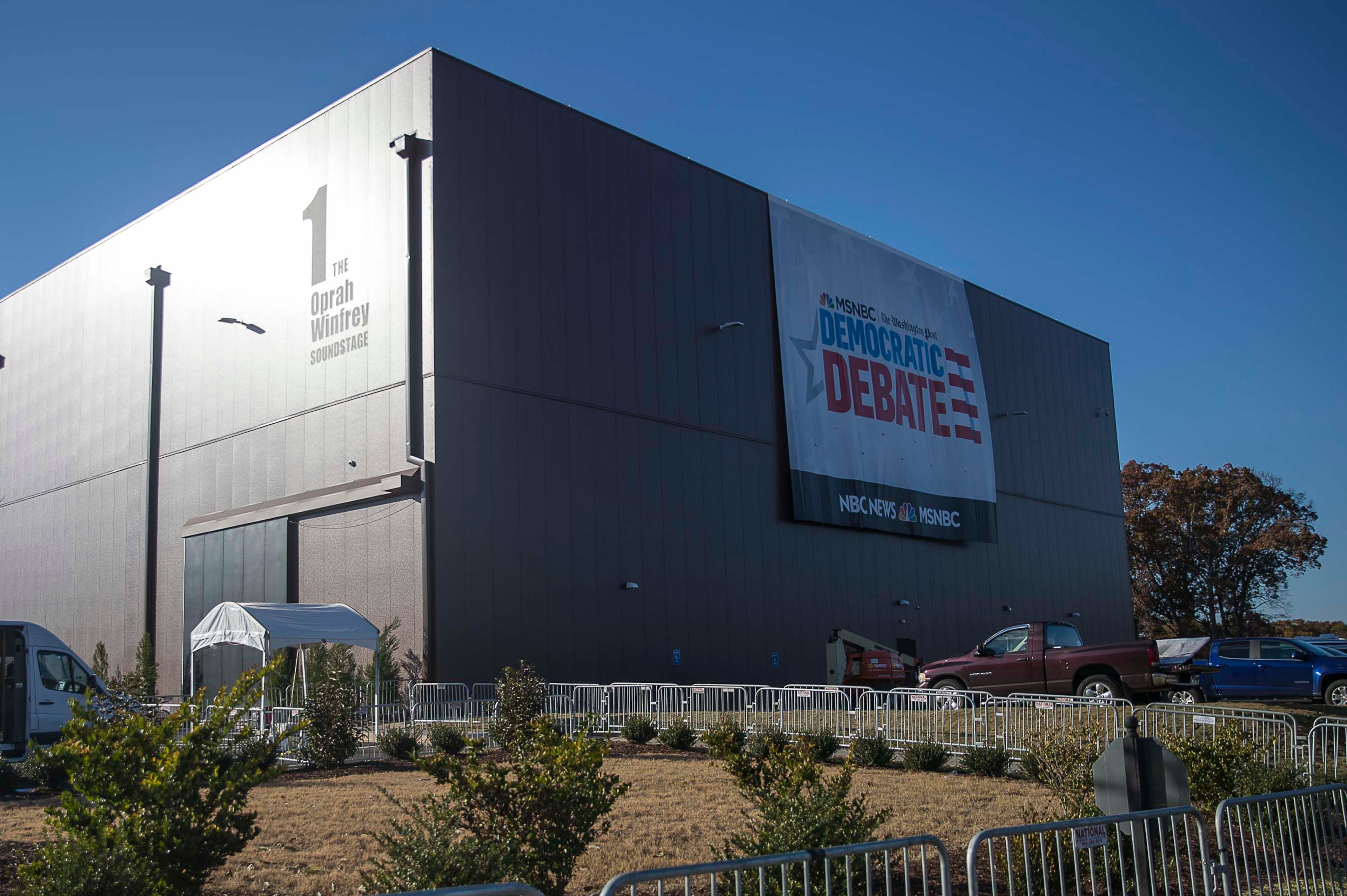 11/19/2019 -- Atlanta, Georgia --A banner is displayed outside of the Oprah Winfrey Stage for the MSNBC/The Washington Post Democratic Presidential debate at Tyler Perry Studios in Atlanta, Tuesday, November 19, 2019. (Alyssa Pointer/Atlanta Journal Constitution)