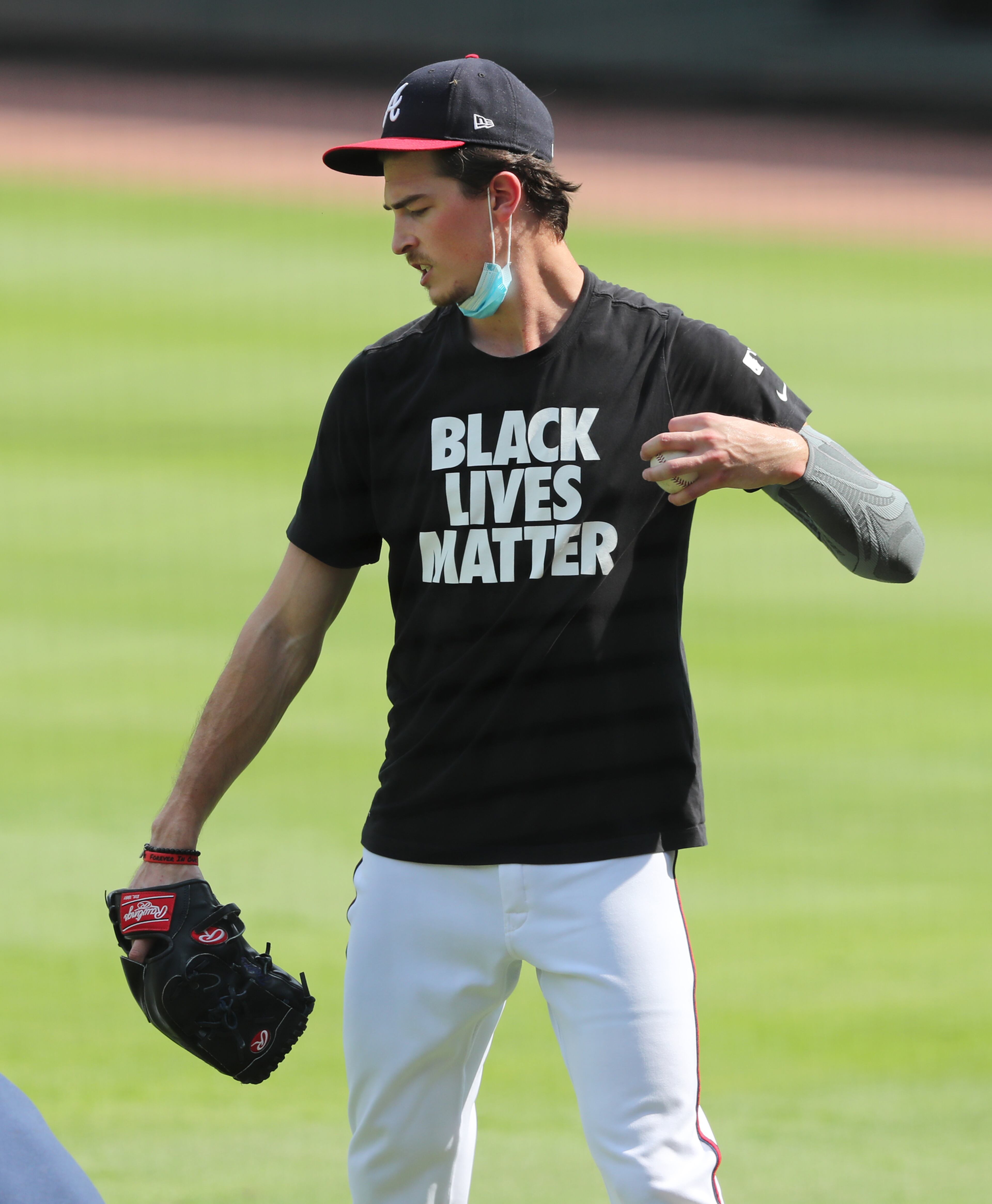 Atlanta Braves pitcher Max Fried wears a Black Lives Matters shirt while warming up before the team plays the Washington Nationals in a MLB baseball game on Monday, August 17, 2020 in Atlanta. Curtis Compton ccompton@ajc.com