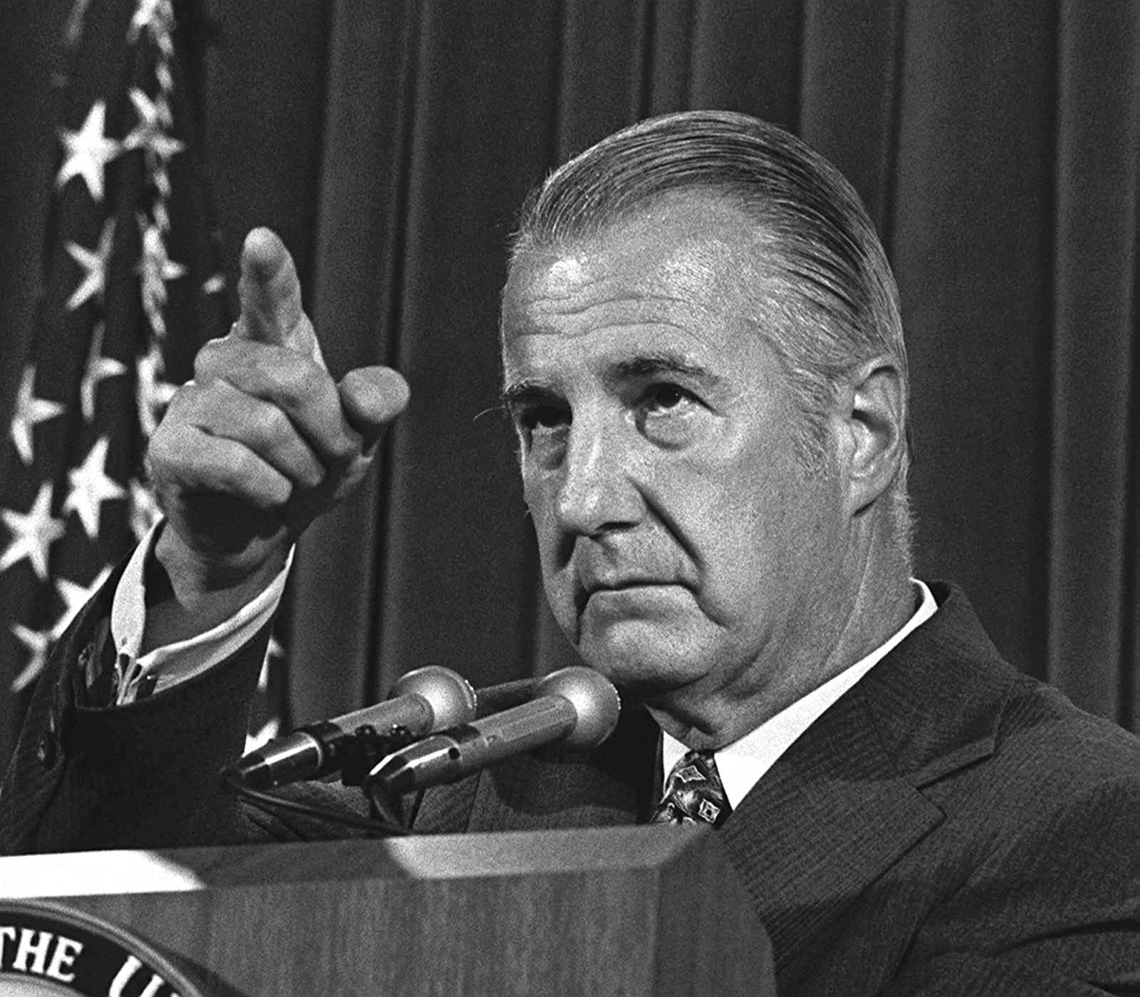 Vice President Spiro T. Agnew is shown in this Aug. 8, 1973 file photo at a Washington news conference during which Agnew stated he would not resign. Agnew, a nationally obscure governor who rose to become Richard Nixon's vice president on the strength of his die-hard conservatism resigned in October 1973 after pleading no contest to a single count of income-tax evasion. Agnew died Tuesday, Sept. 17, 1996, at age 77. (AP Photo/file)