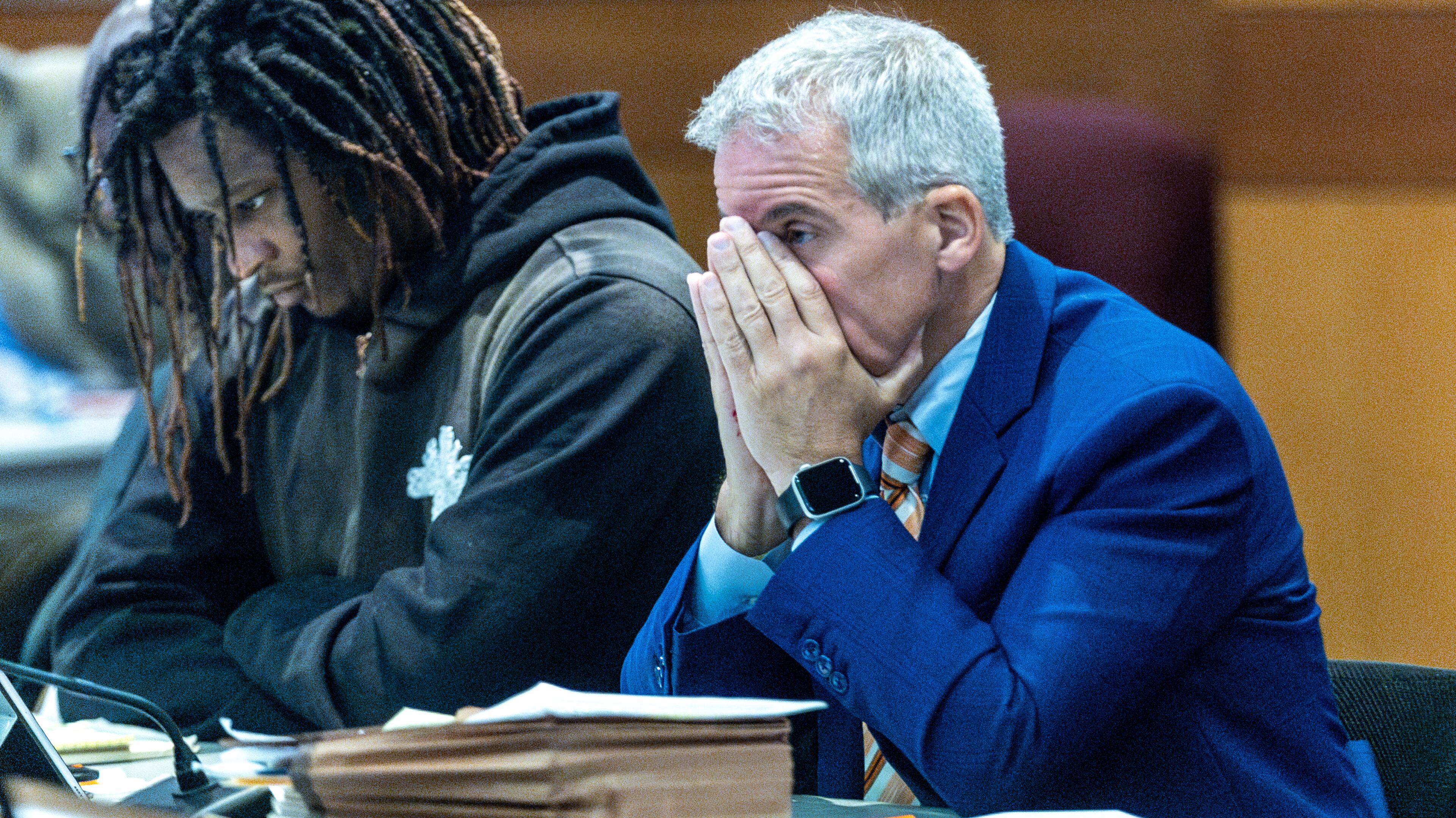 Atlanta rapper Young Thug sits next to his defense attorney Brian Steel during jury selection in the “Young Slime Life” gang case at the Fulton County Courthouse Tuesday, Sept. 26, 2023. (Steve Schaefer/steve.schaefer@ajc.com) (Steve Schaefer/steve.schaefer@ajc.com)