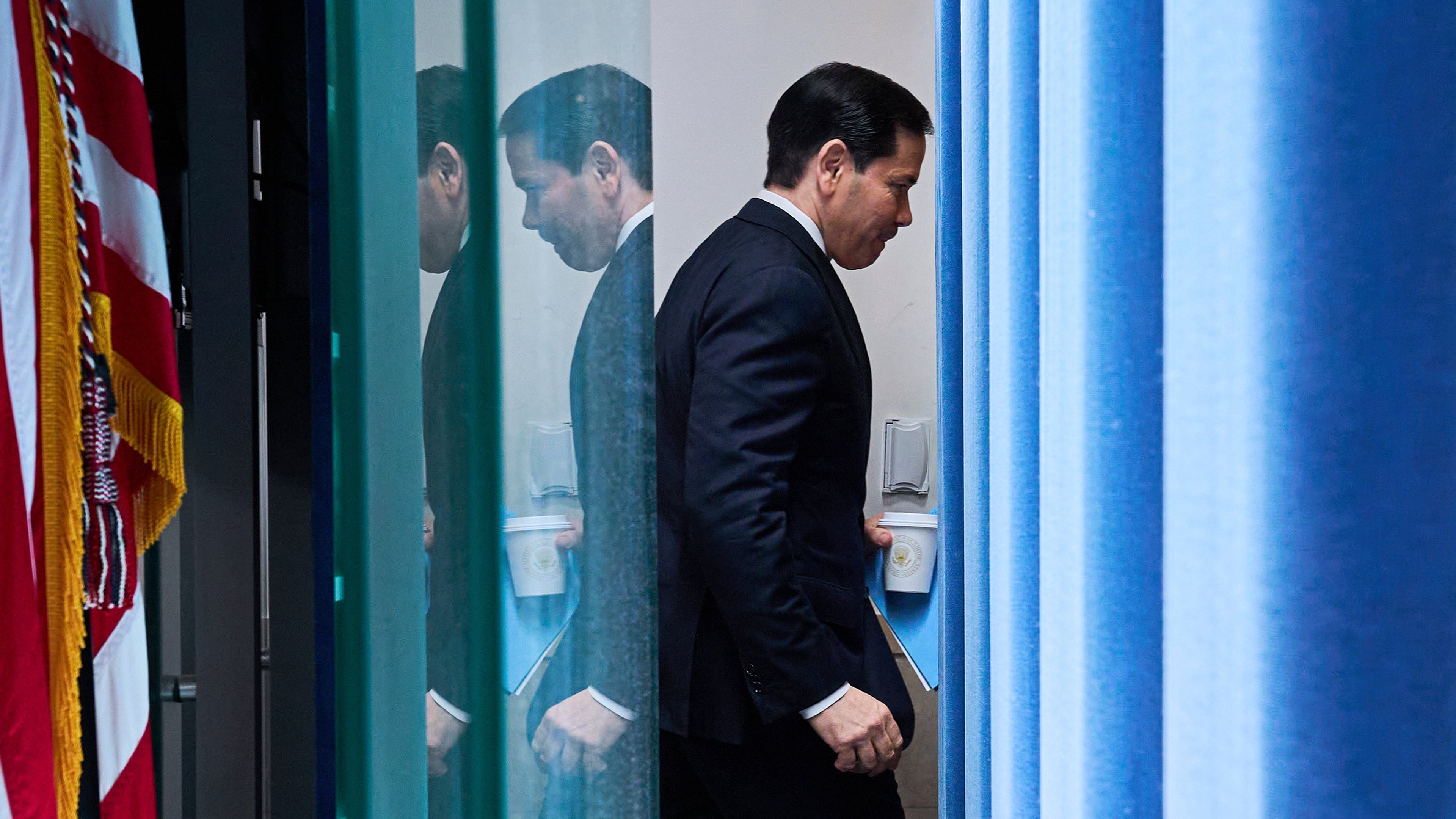 Secretary of State Marco Rubio leaves the room after speaking to the media in the James Brady Press Briefing Room of the White House, Tuesday, May 5, 2026, in Washington. (AP Photo/Jacquelyn Martin)