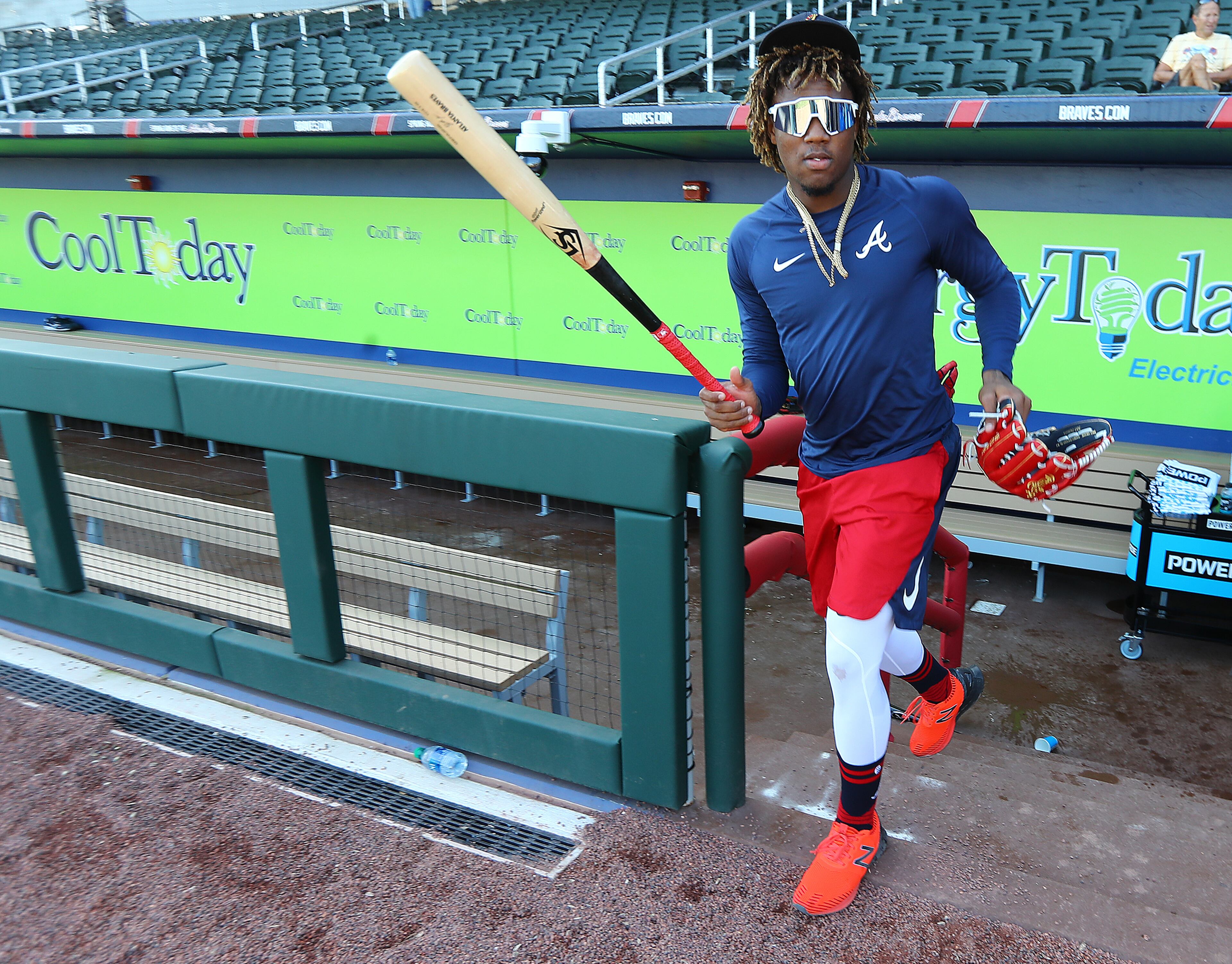 Braves outfielder Ronald Acuna Jr. takes the field for batting practice at CoolToday Park during spring training on Saturday, Feb. 15, 2020, in North Port. Curtis Compton ccompton@ajc.com