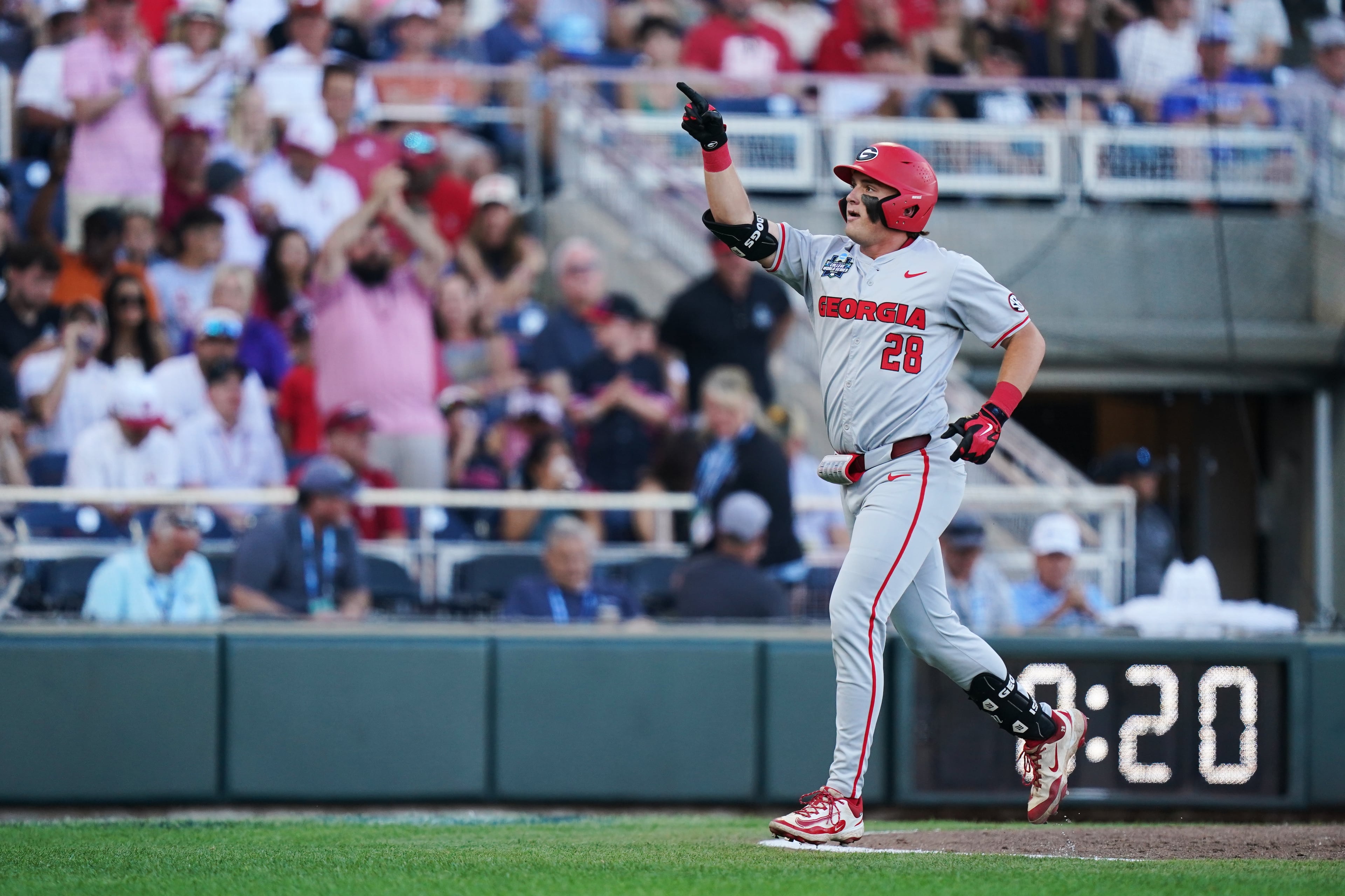 Georgia catcher Brennan Hudson rounds the bases after hitting a homer during a College World Series game against Oklahoma on Monday, June 15, 2026, in Omaha, Neb. (Vera Nieuwenhuis/AP)