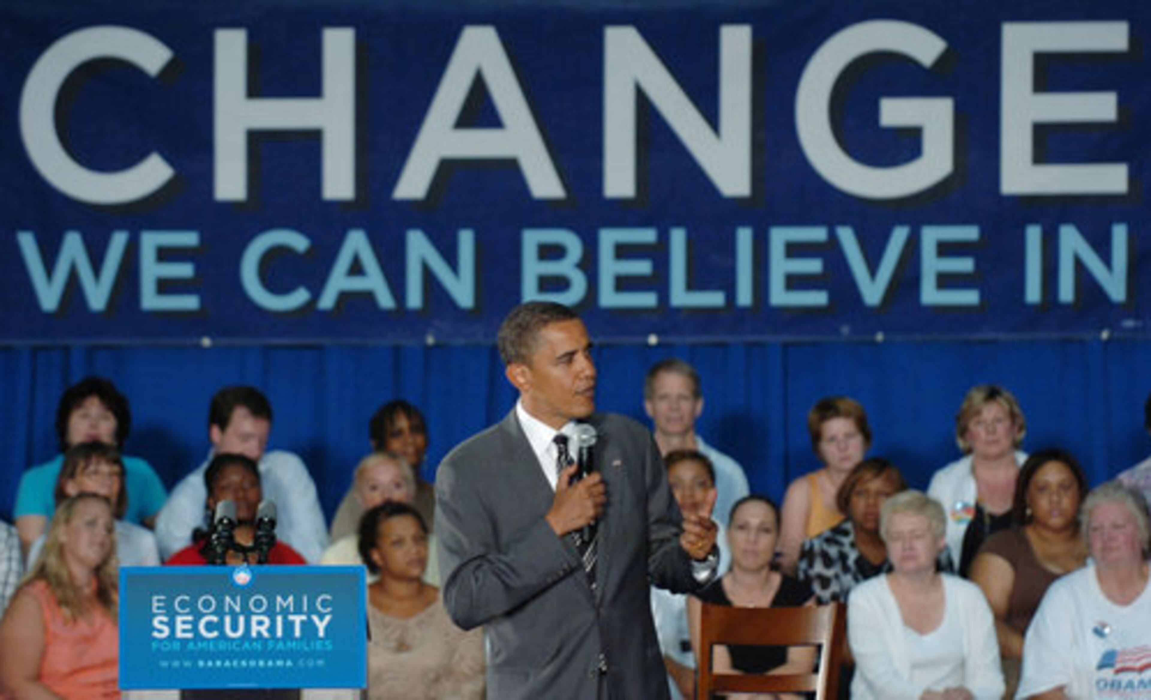 A large sign furthers the message of change that Obama has successfully used to claim the Democratic nomination for president.