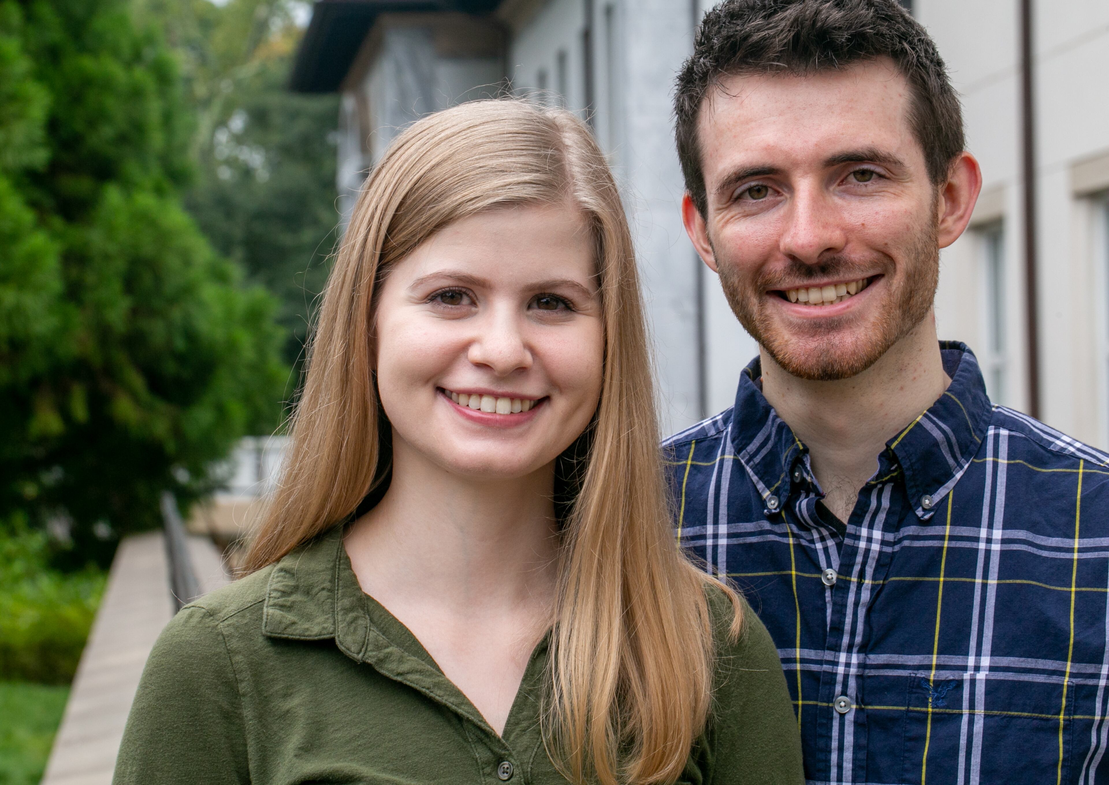 Outside of Emory University's Mathematics and Science Center, graduate students James Finch and Sarah Finch, a married couple, and professor Jinho Choi participated in Amazon competions and has taken the chat bot project further than the Amazon parameters and continue to push technology while studying at Emory University on Thursday, Sept. 16, 2021. (Jenni Girtman for The Atlanta Journal-Constition)