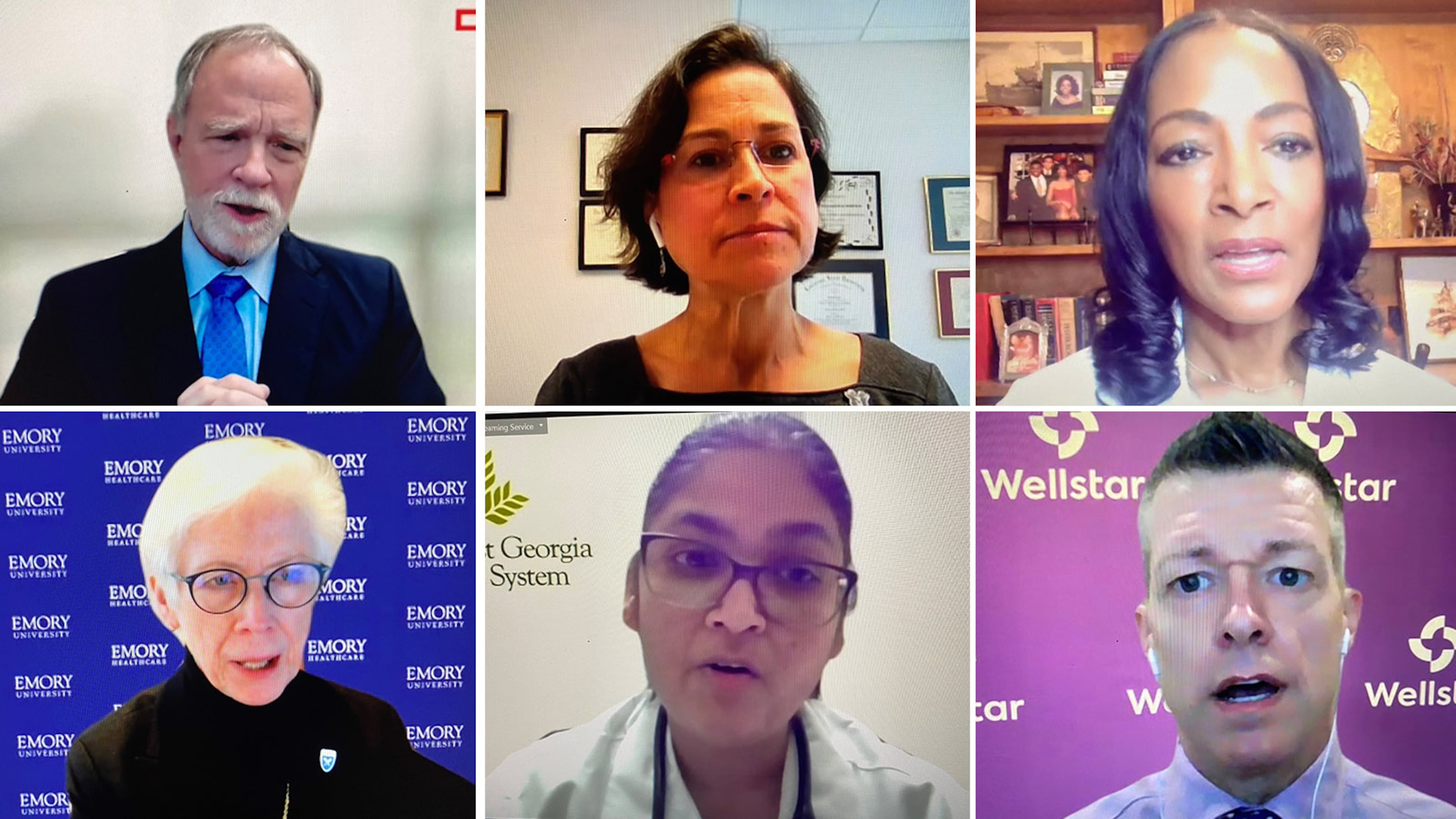 A half-dozen top hospital leaders spoke to the public in a joint event on Thursday, January 20, 2022, pleading with Georgians to help reduce COVID-19 spread and spare the load on hosptial. Participatants included, clockwise from top left: Dr. Robert Jansen, chief medical officer and chief of staff at Grady Health System; Dr. Andrea “Andi” Shane, division chief of pediatric infectious diseases at Children's Healthcare of Atlanta; Dr. Jayne Morgan, executive director of the COVID-19 Task Force at Piedmont Healthcare; Dr. Danny Branstetter, medical director of infection prevention at Wellstar Health System; Dr. Supriya Mannepalli, medical director for infectious diseases at Northeast Georgia Health System; and Sharon Pappas, chief nurse executive of Emory Healthcare. (Image by Ariel Hart and Pete Corson/AJC)