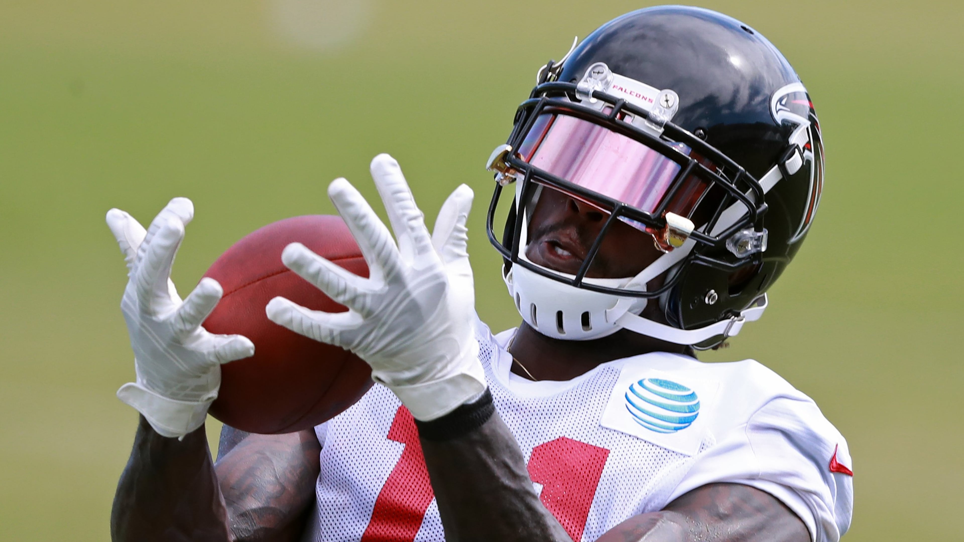 Atlanta Falcons wide receiver Julio Jones catches a pass during a NFL football training camp practice on Tuesday, August 7, 2018, in Flowery Branch. Curtis Compton/ccompton@ajc.com