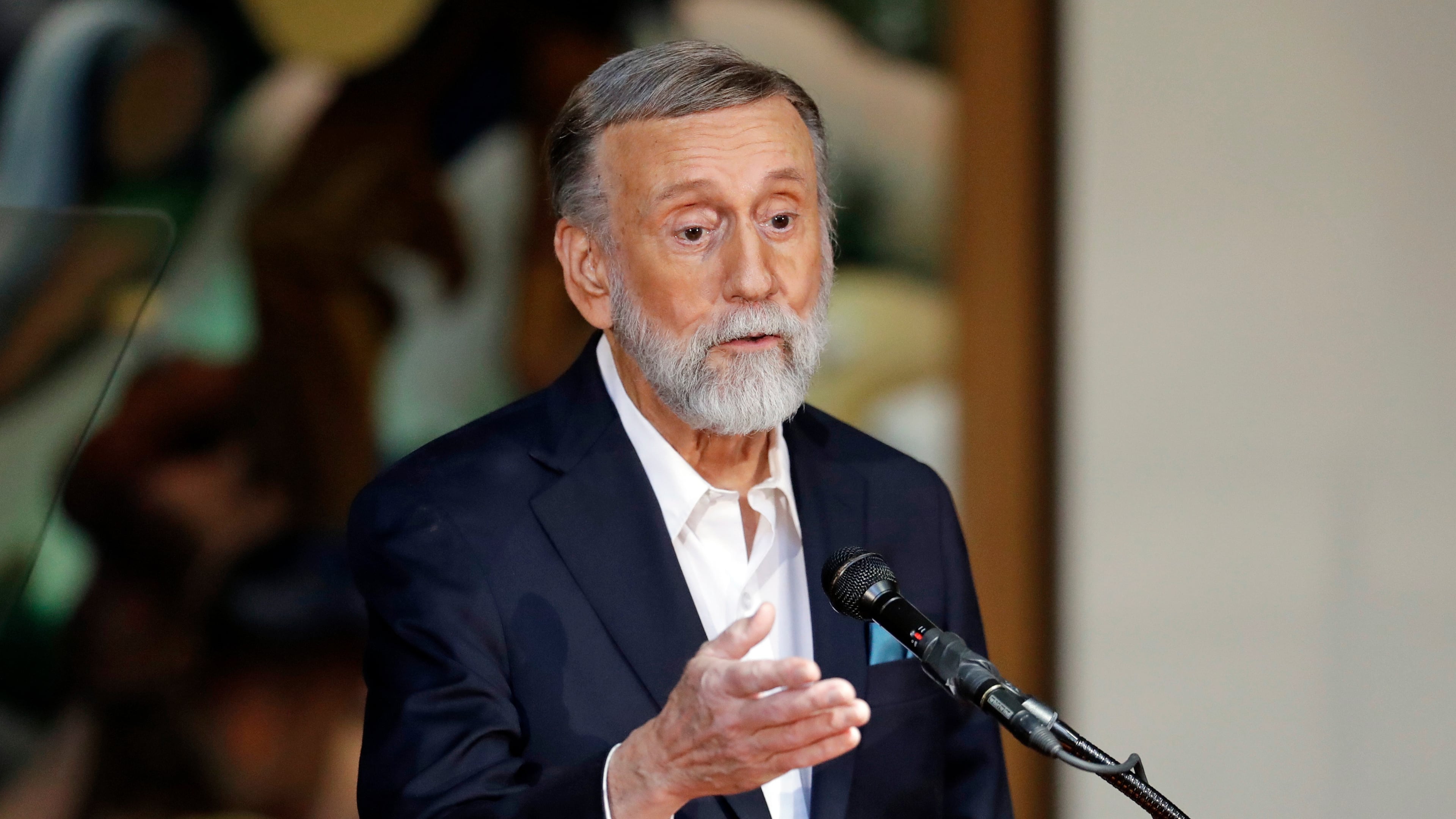 FILE - Ray Stevens speaks during the annual announcement of inductees into the Country Music Hall of Fame, March 18, 2019, in Nashville, Tenn. (AP Photo/Mark Humphrey, File)
