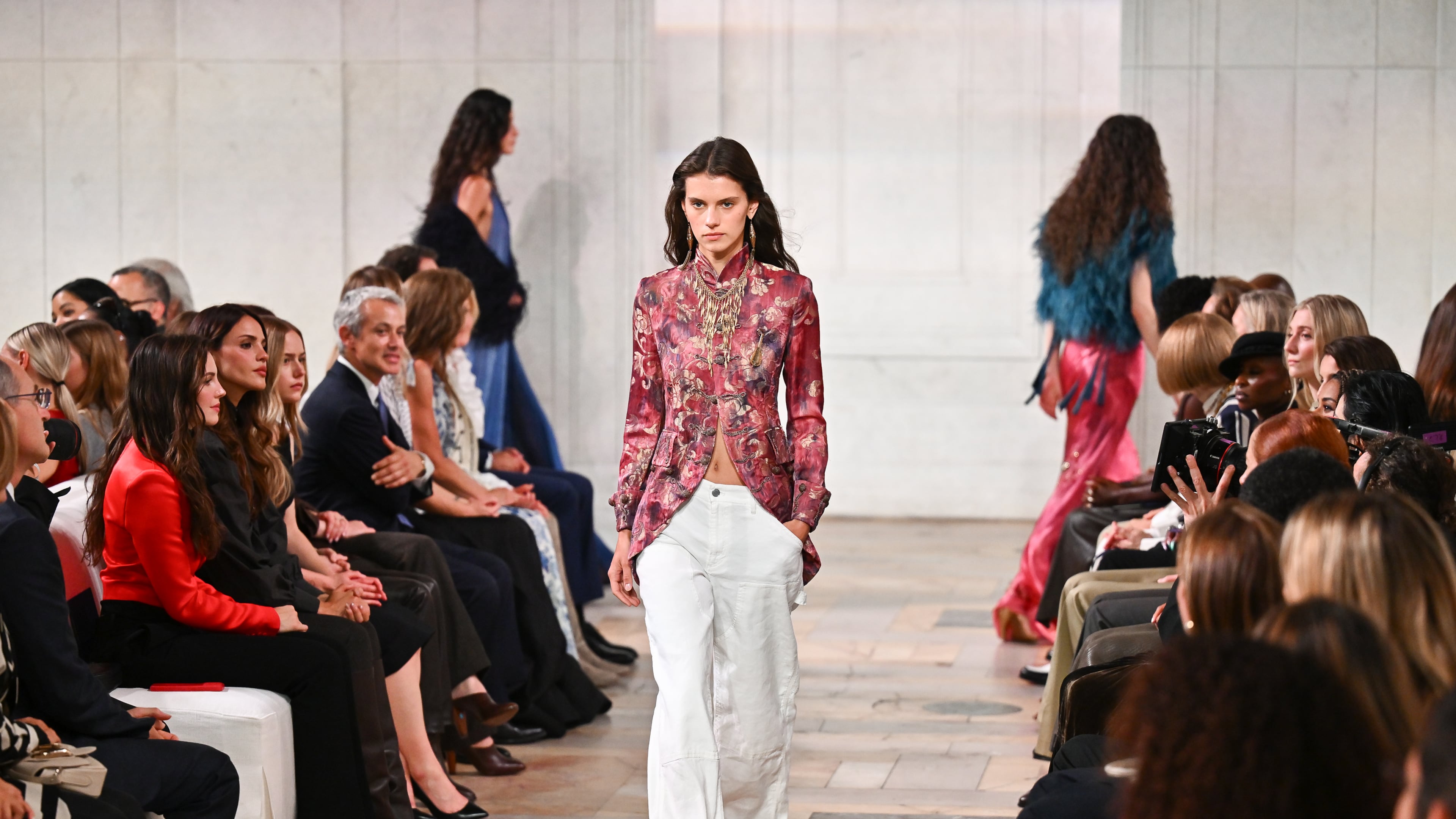 A model walks the runway during the Ralph Lauren Spring/Summer 2027 presentation as part of New York Fashion Week on Wednesday, Sept. 9, 2026, in New York. (Photo by Evan Agostini/Invision/AP)