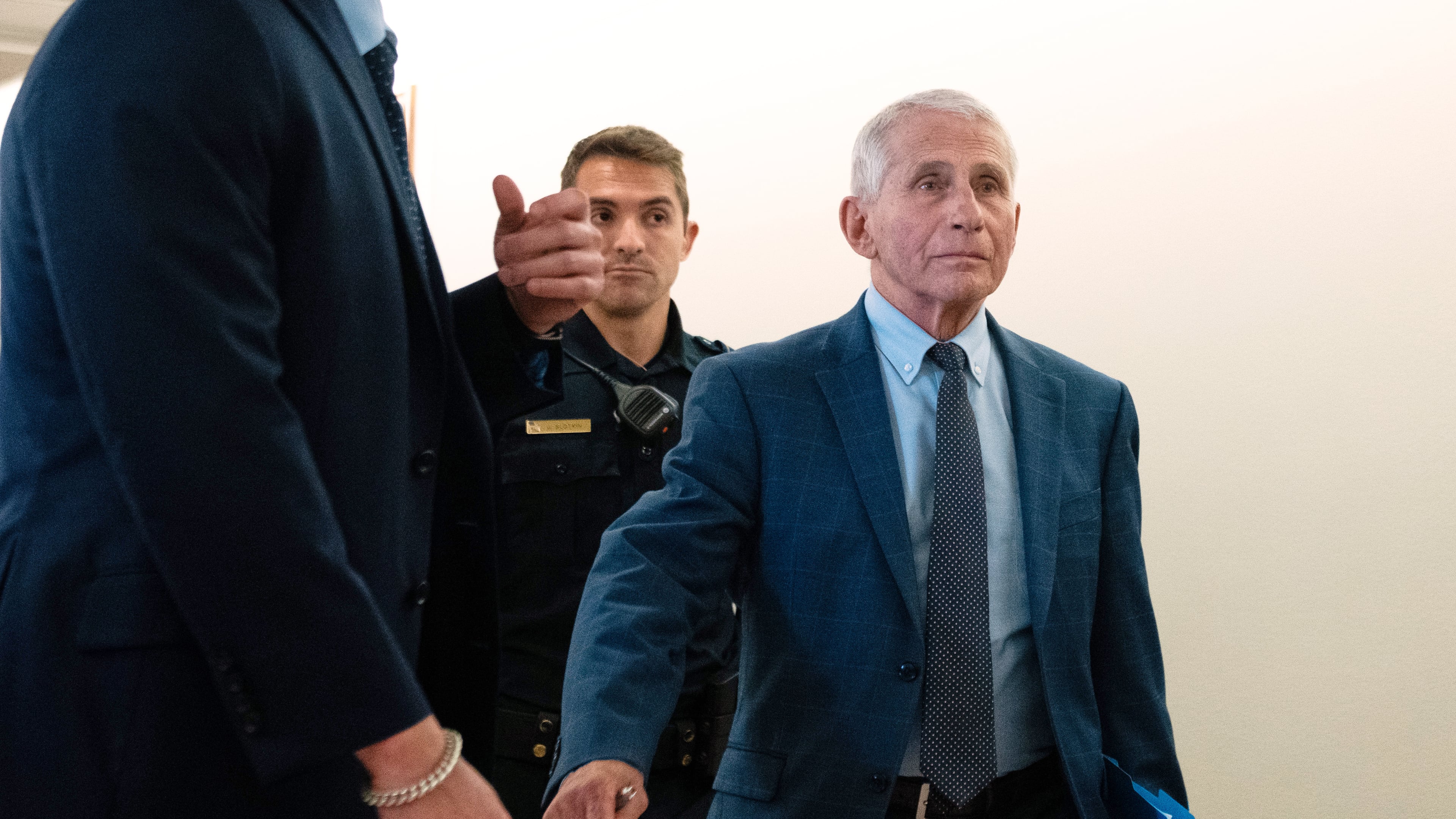 Dr. Anthony Fauci departs after appearing before the Senate Homeland Security and Governmental Affairs Committee hearing at the Capitol, Wednesday, July 29, 2026, in Washington. (AP Photo/Allison Robbert)
